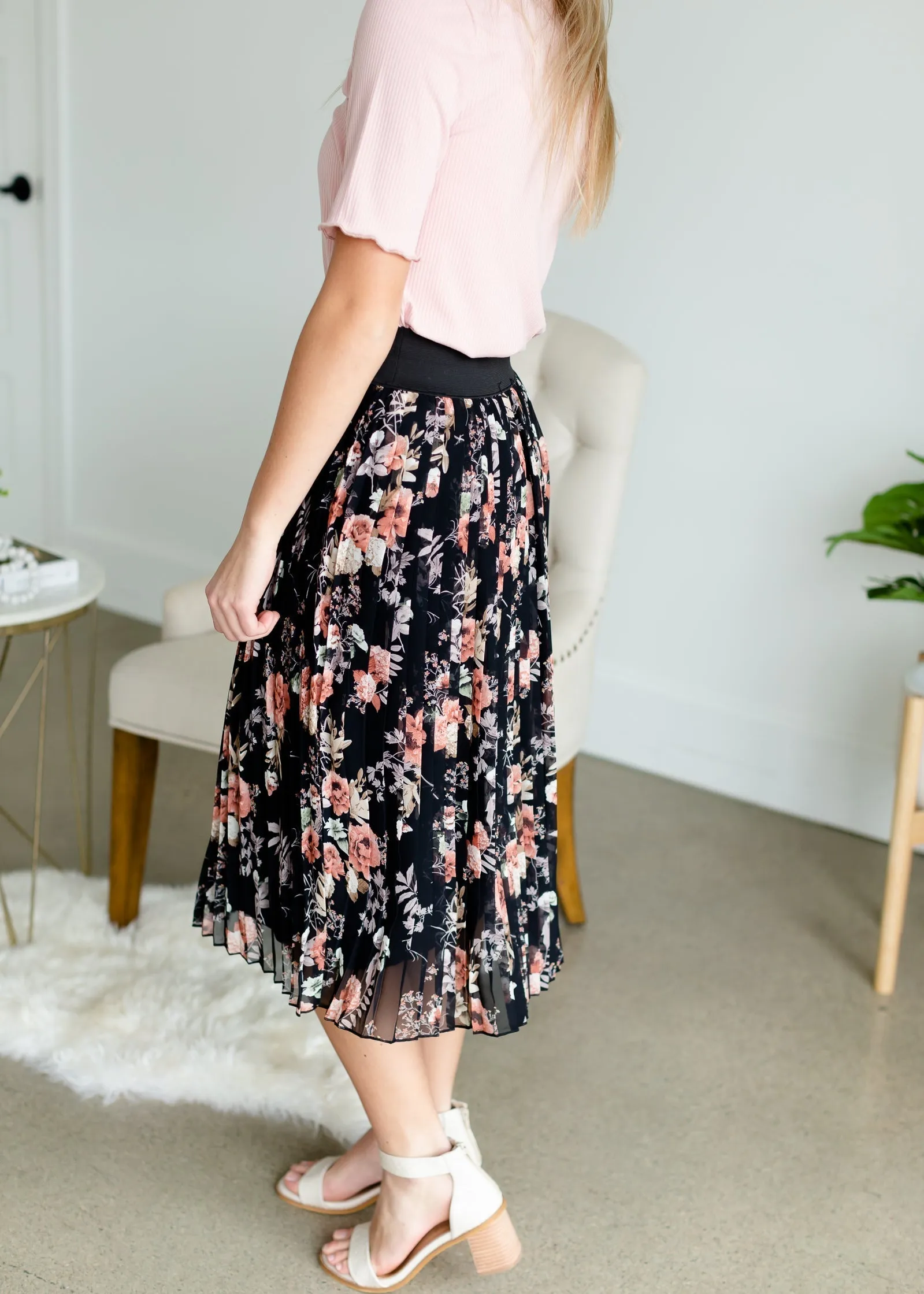 Black Floral Pleated Midi Skirt