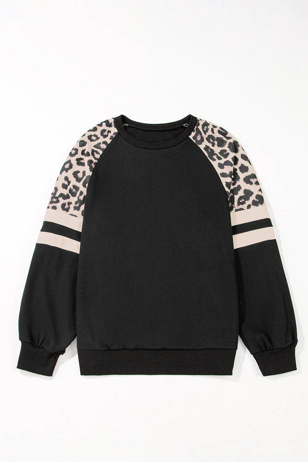 Black Leopard Print Patchwork Raglan Sleeve Sweatshirt