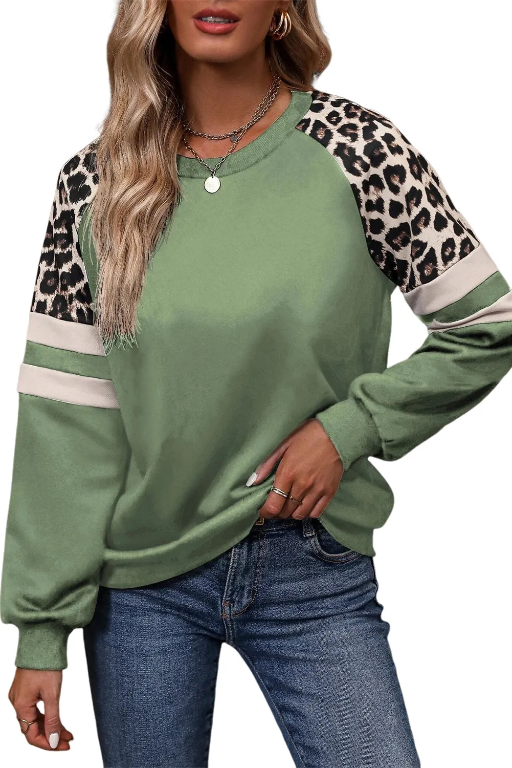 Black Leopard Print Patchwork Raglan Sleeve Sweatshirt