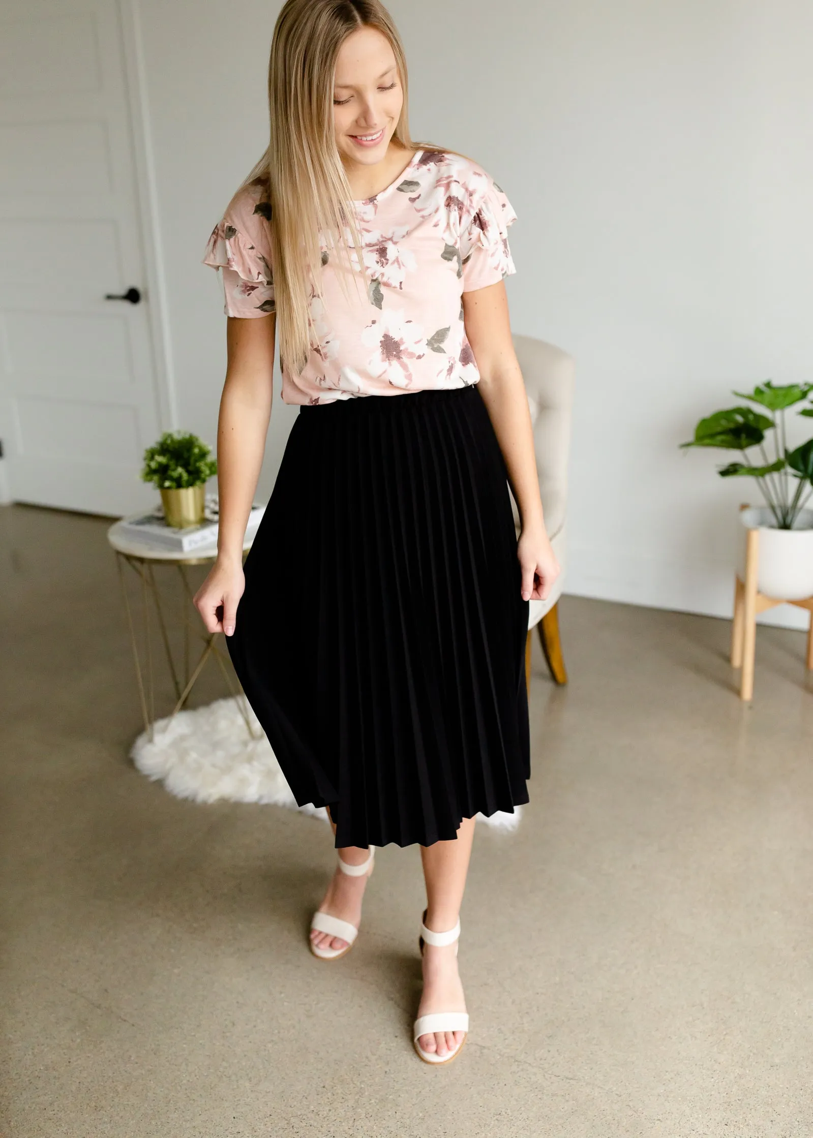 Black Pleated Stretch Waist Midi Skirt - FINAL SALE