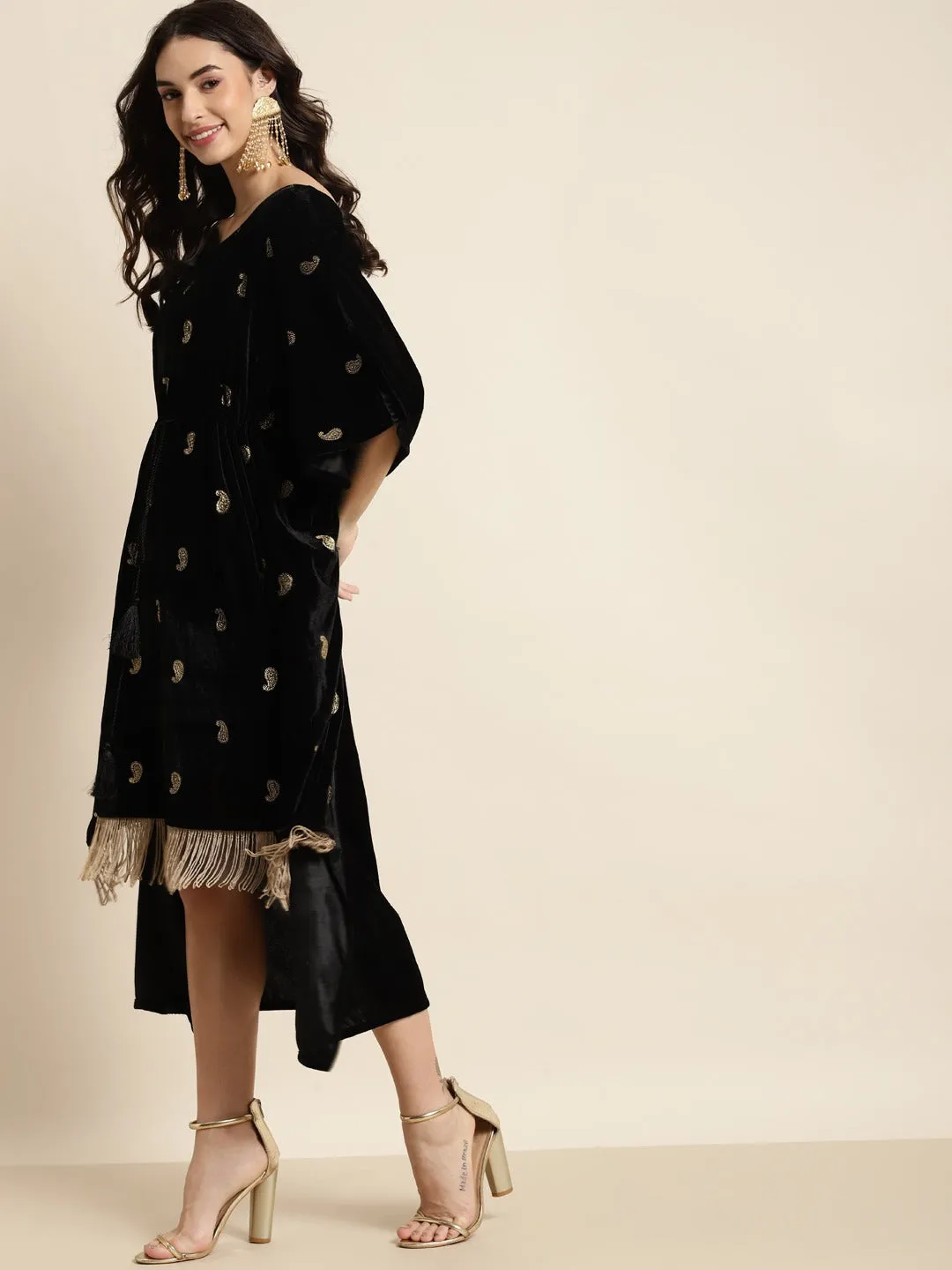 Black Velvet Foil Print Fringe Lace Kaftan Dress