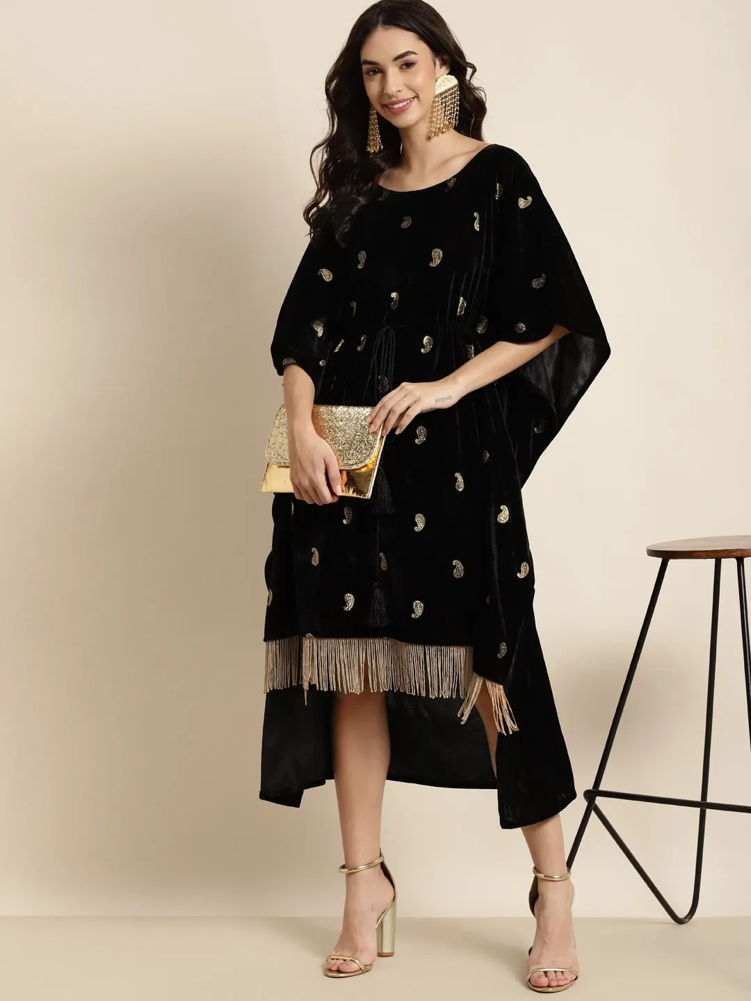 Black Velvet Foil Print Fringe Lace Kaftan Dress