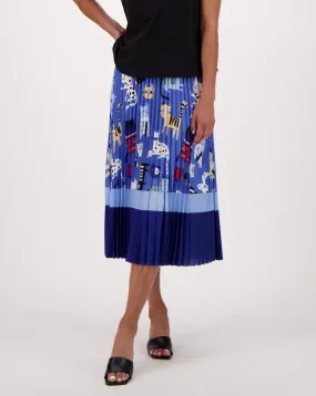 Blue Cats Print Plissé Pleated Skirt