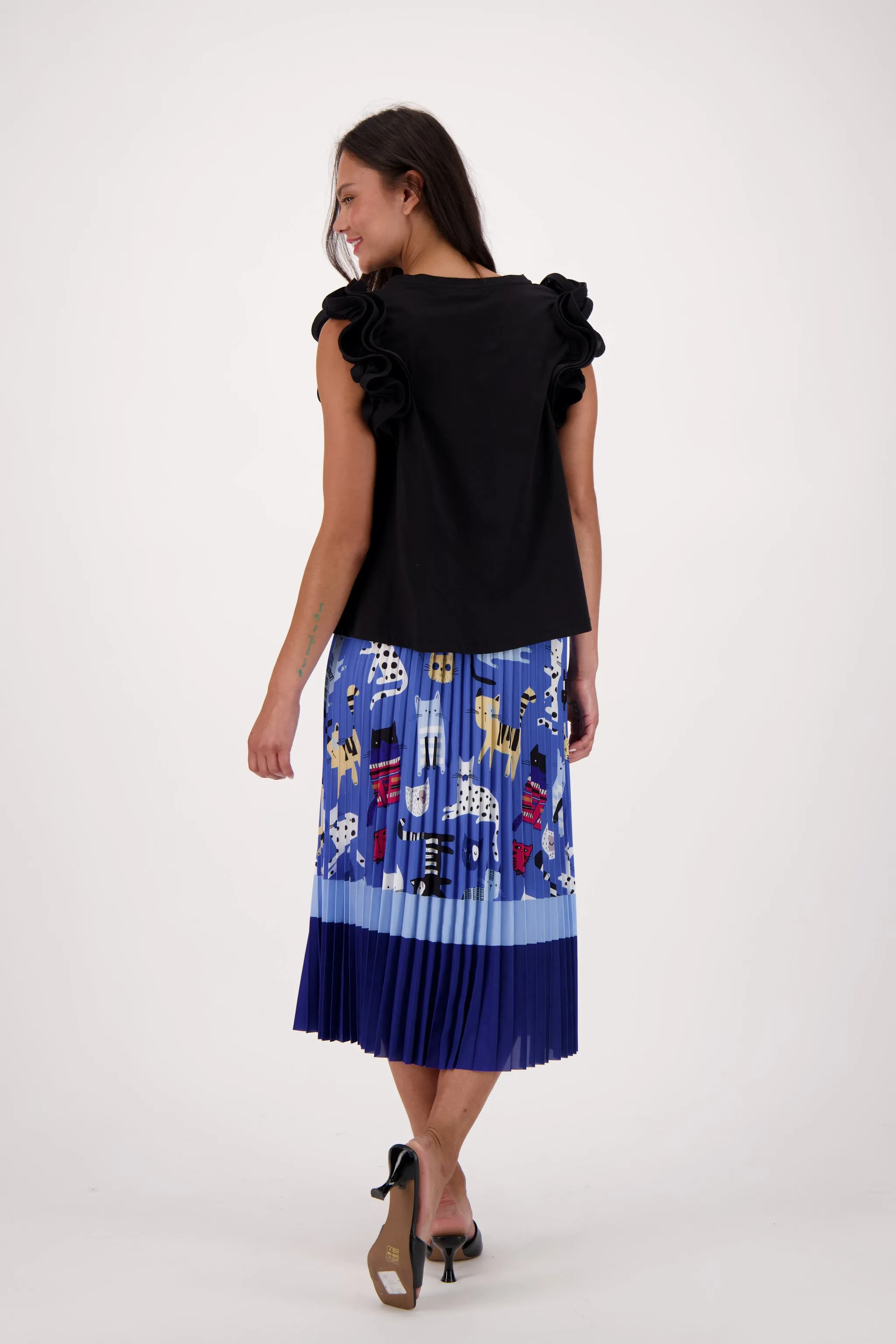 Blue Cats Print Plissé Pleated Skirt