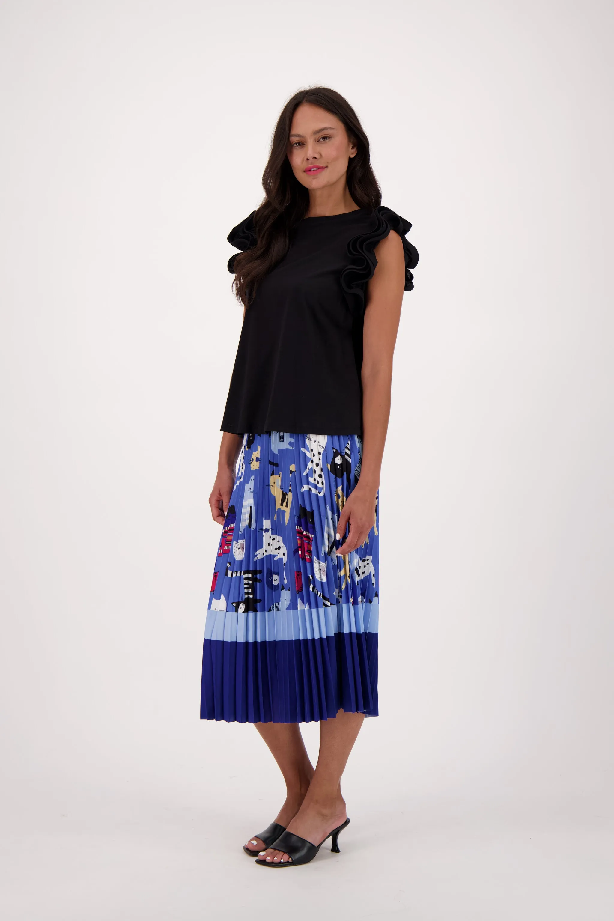 Blue Cats Print Plissé Pleated Skirt