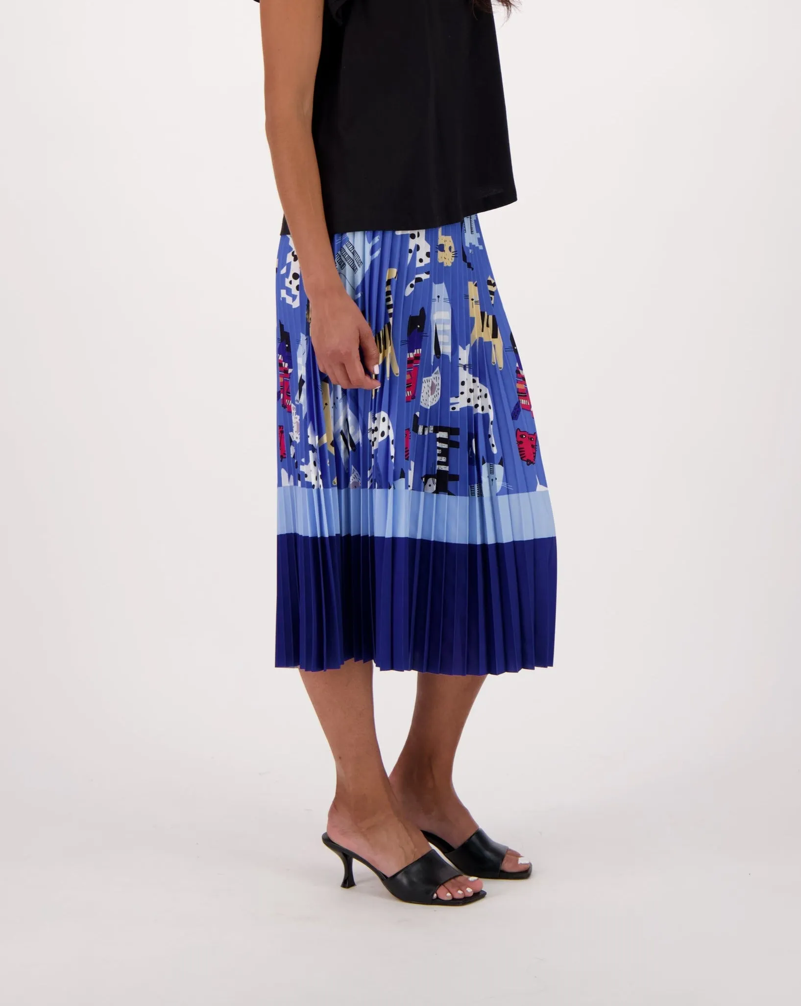 Blue Cats Print Plissé Pleated Skirt