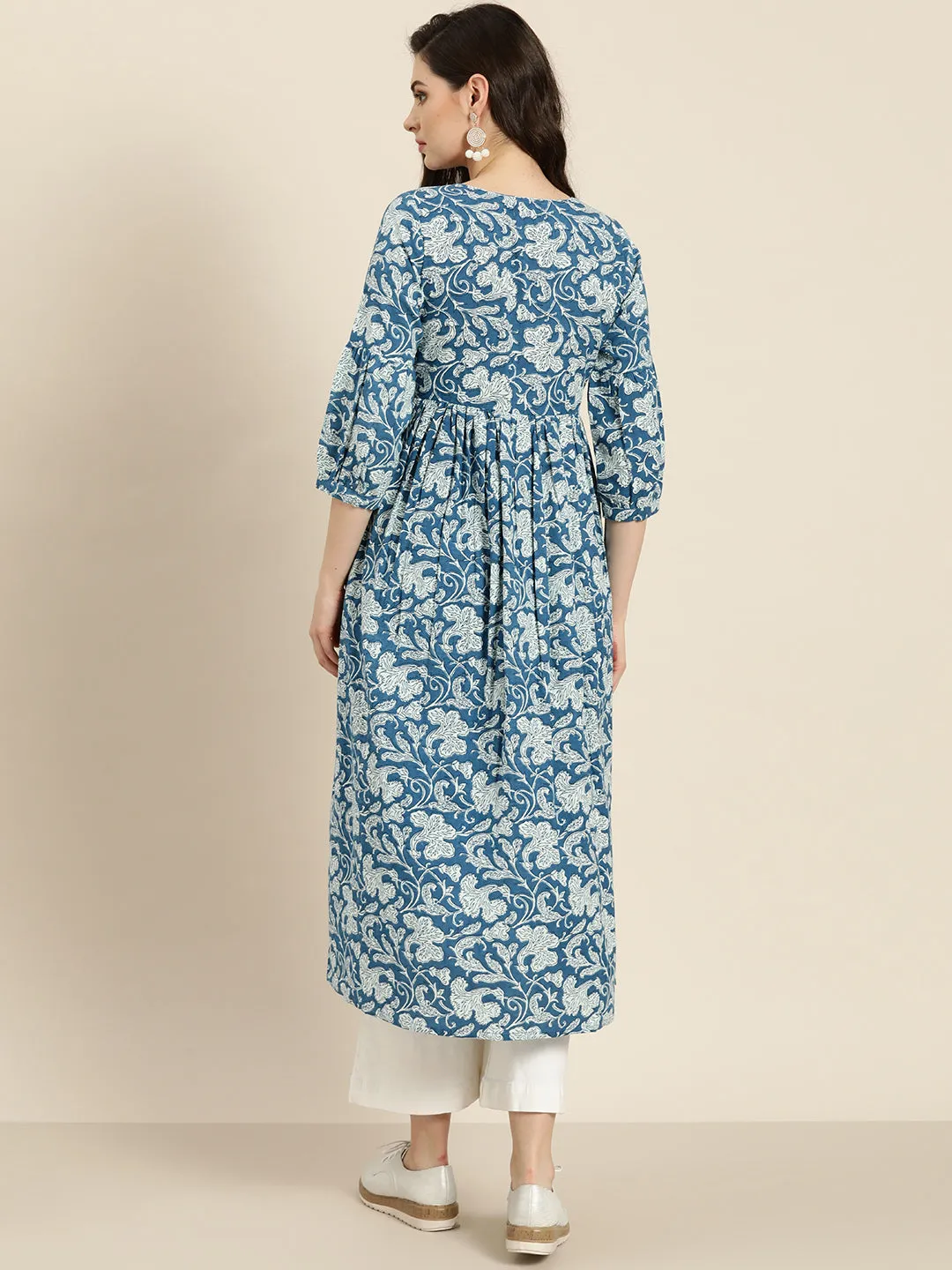 Blue Floral Gathered Kurta