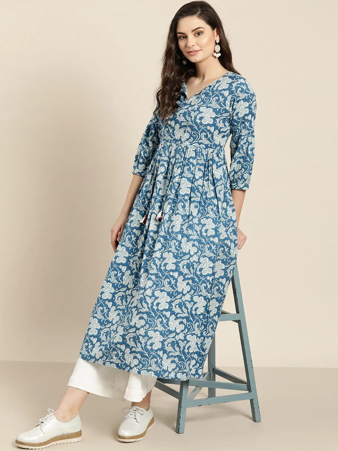 Blue Floral Gathered Kurta