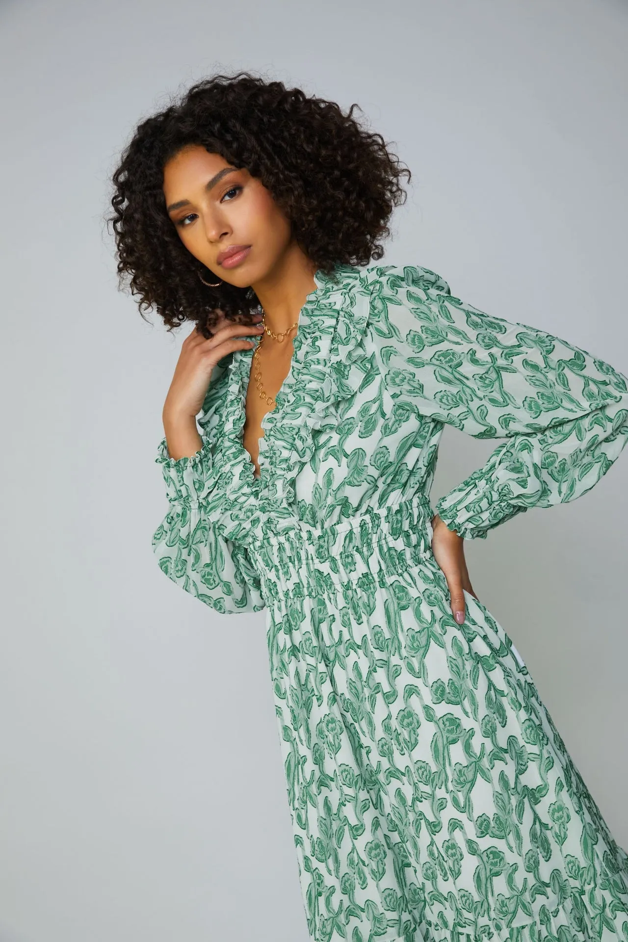 Botanical Jacquard Smocked Midi Dress