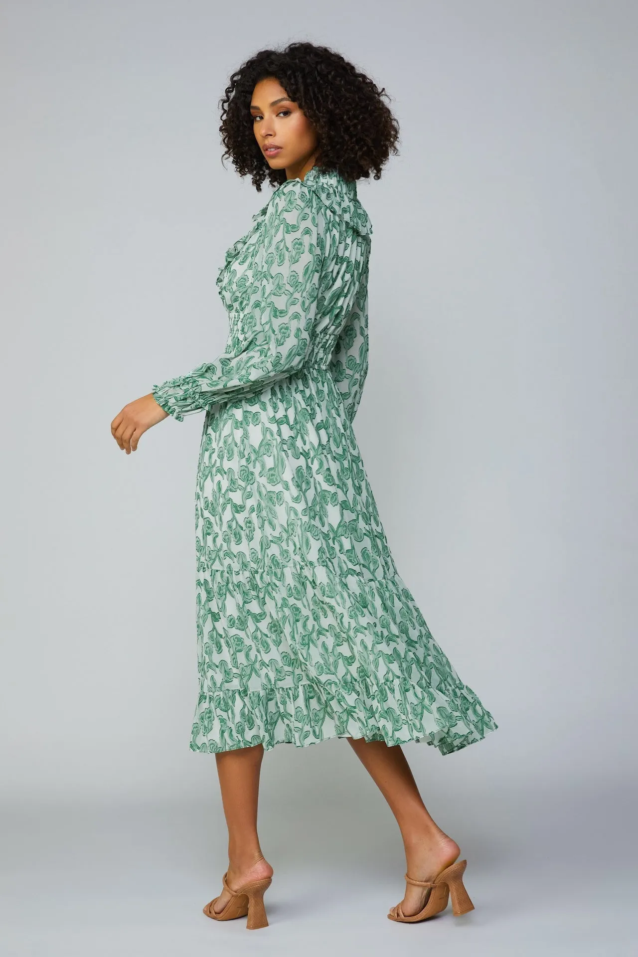 Botanical Jacquard Smocked Midi Dress