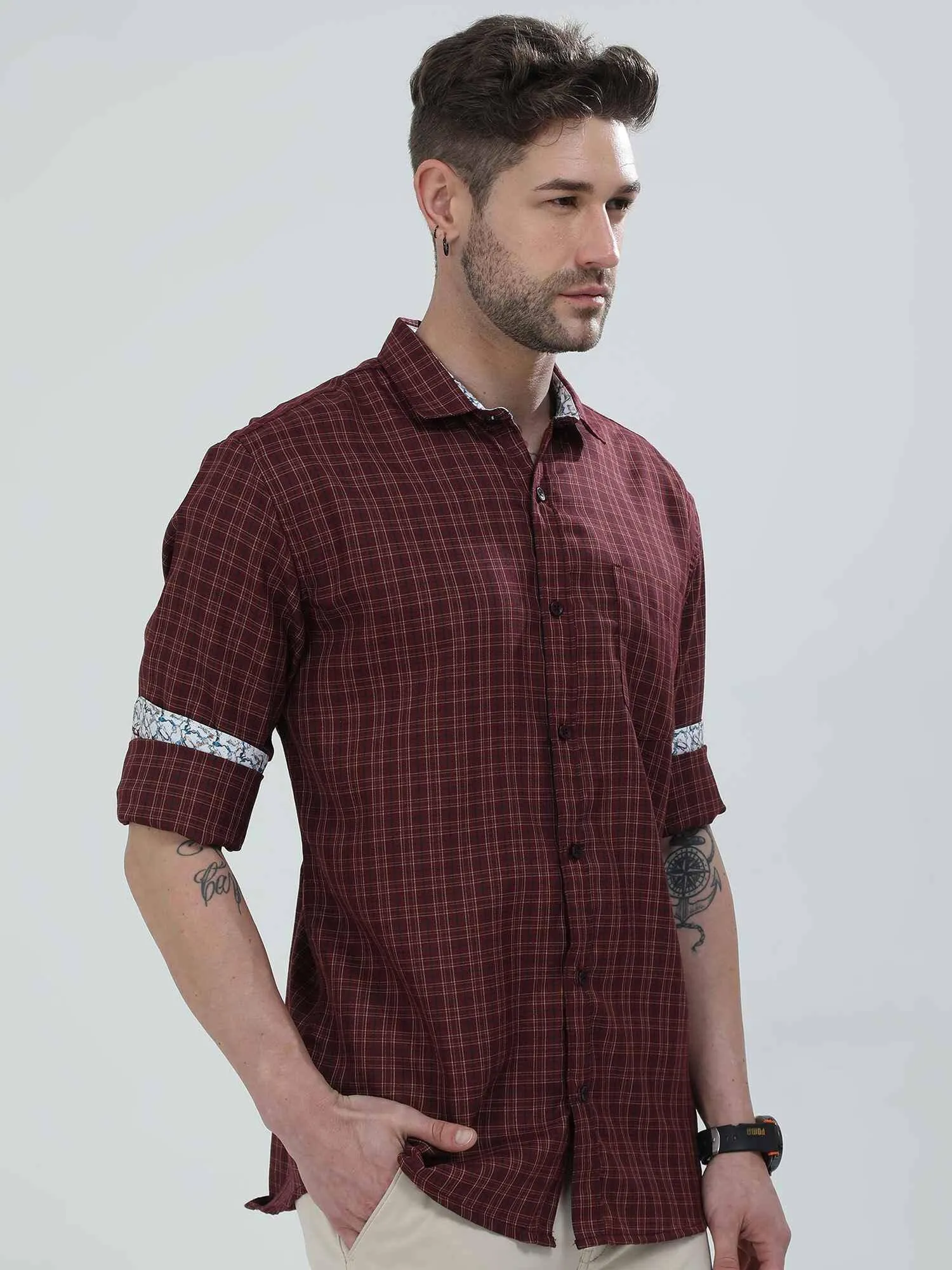 Brown Checkered Cotton Full Shirt