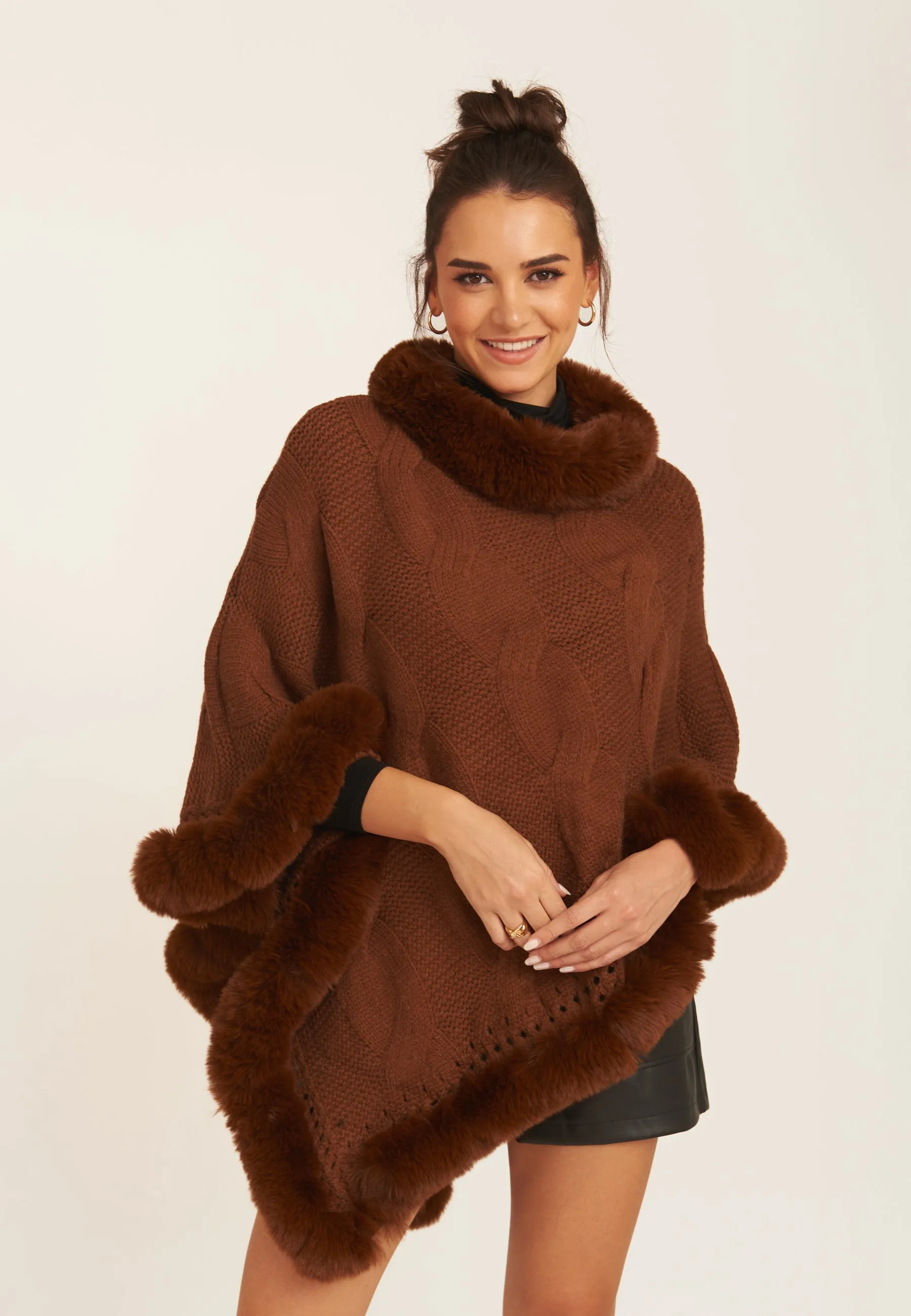 Brown Fur Trim Knit Poncho