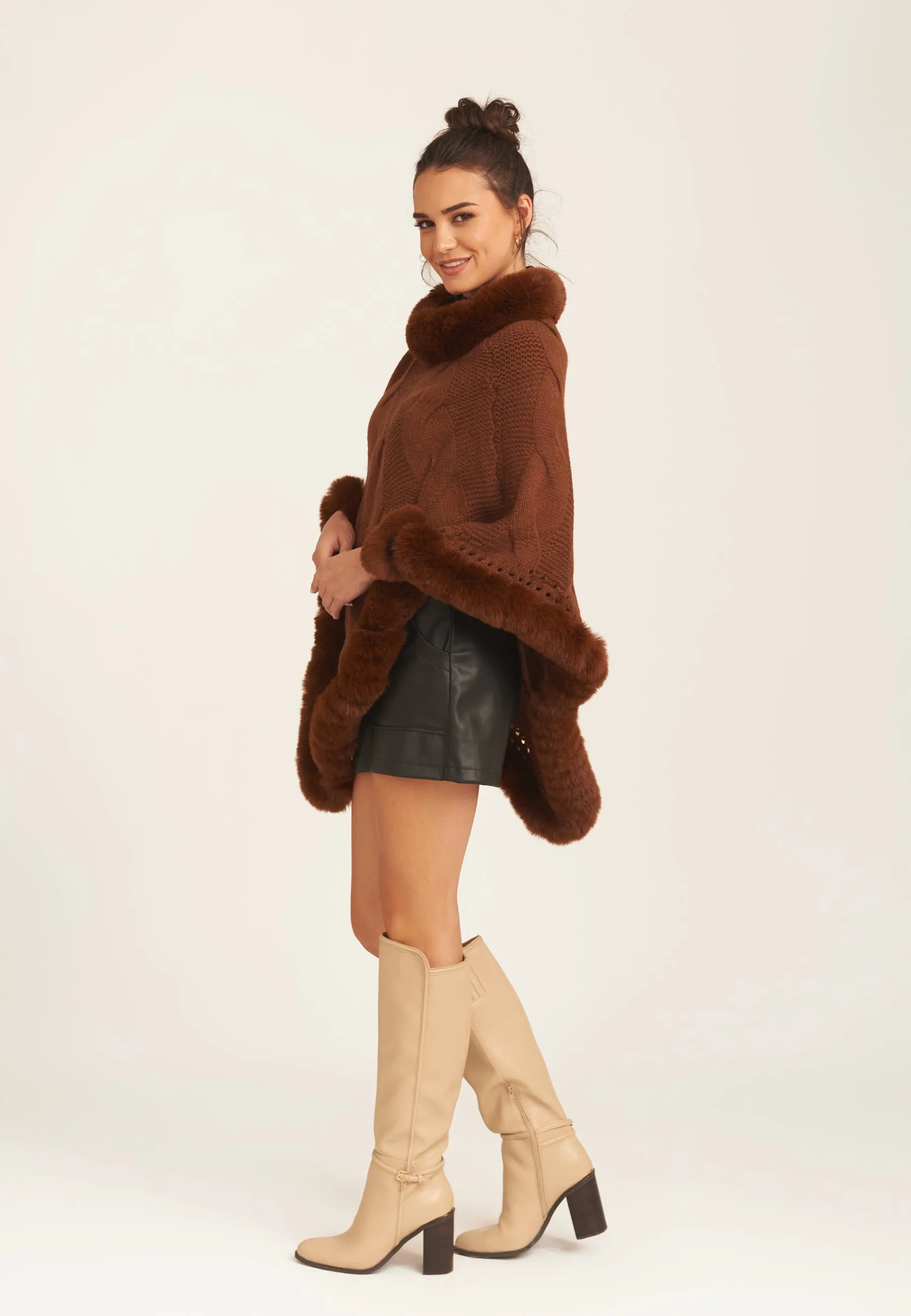 Brown Fur Trim Knit Poncho