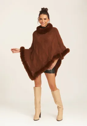 Brown Fur Trim Knit Poncho