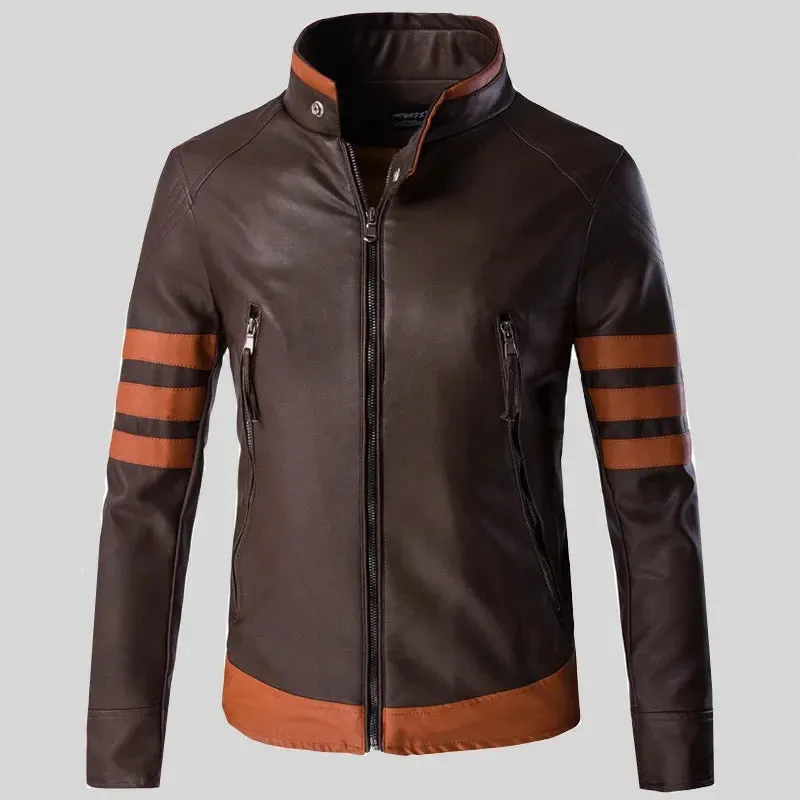 Brown Striped Shoulder Zipper Jacket