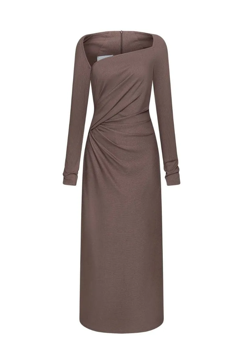 BROWNY SAND LONG SLEEVE MIDI DRESS