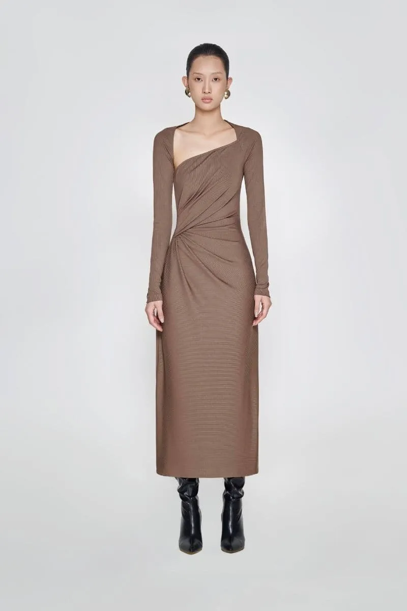 BROWNY SAND LONG SLEEVE MIDI DRESS