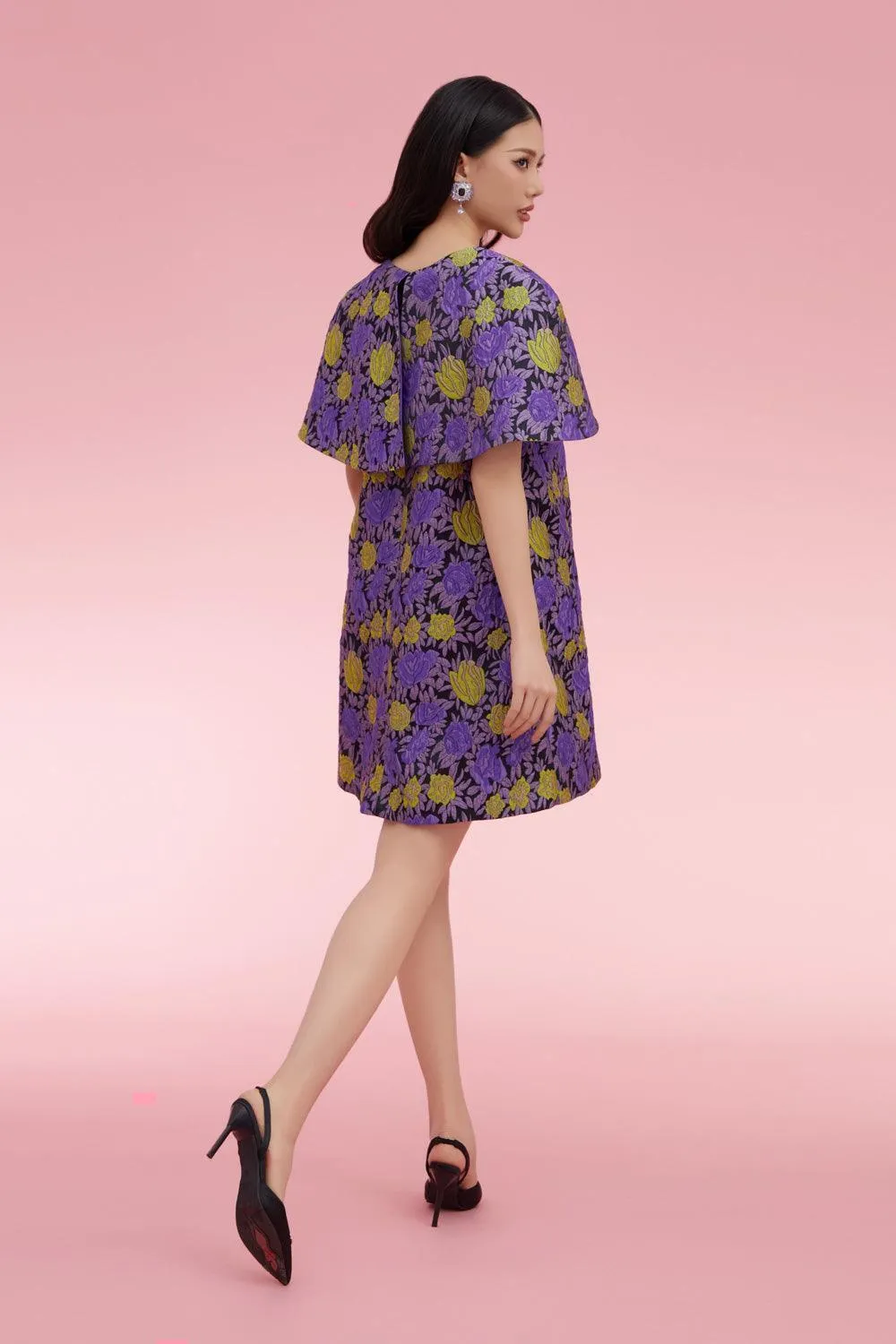 Bruce Cape Jewel Neck Brocade Mini Dress