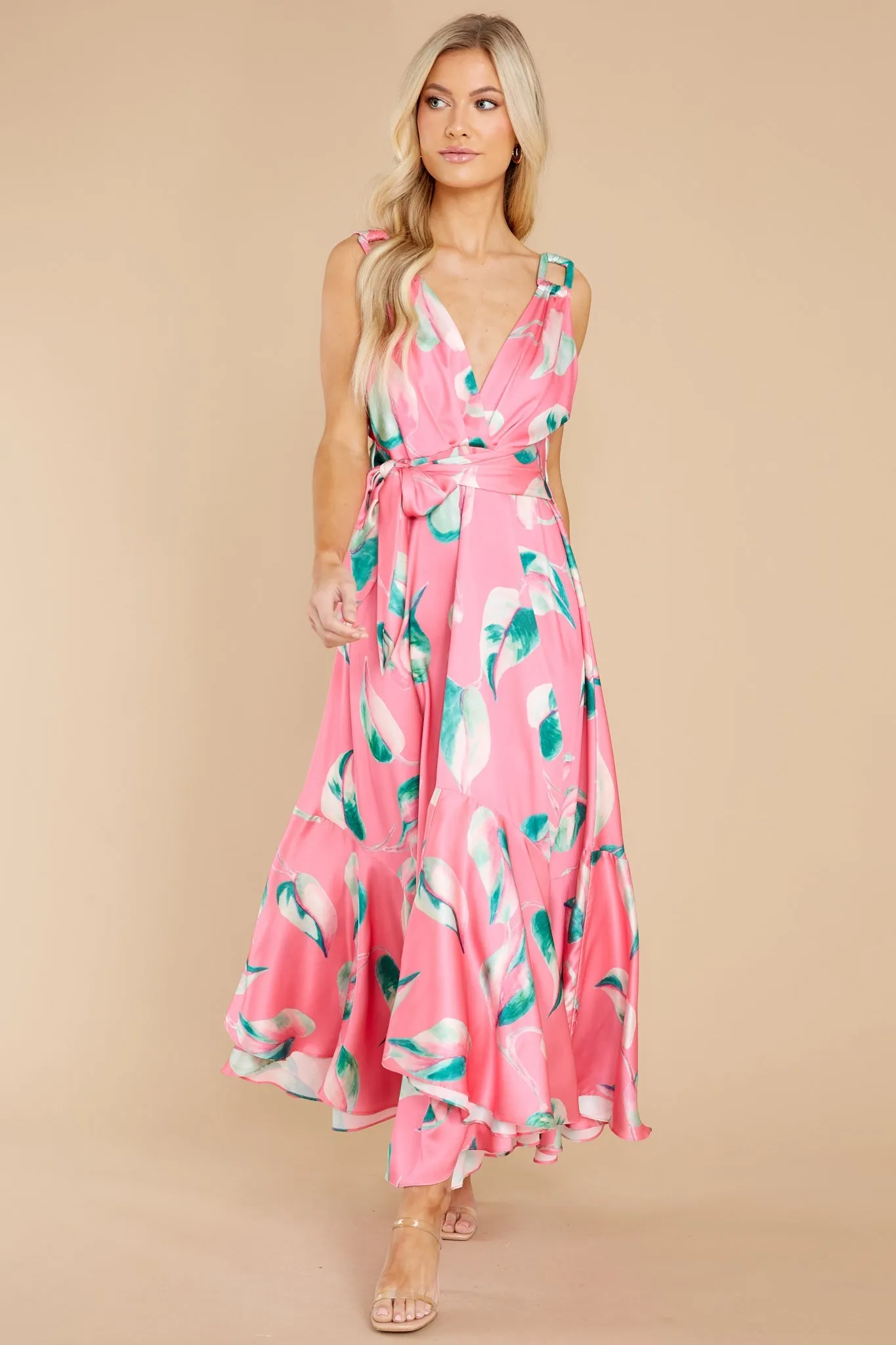 Call Me Sassy Pink Leaf Print Maxi Dress