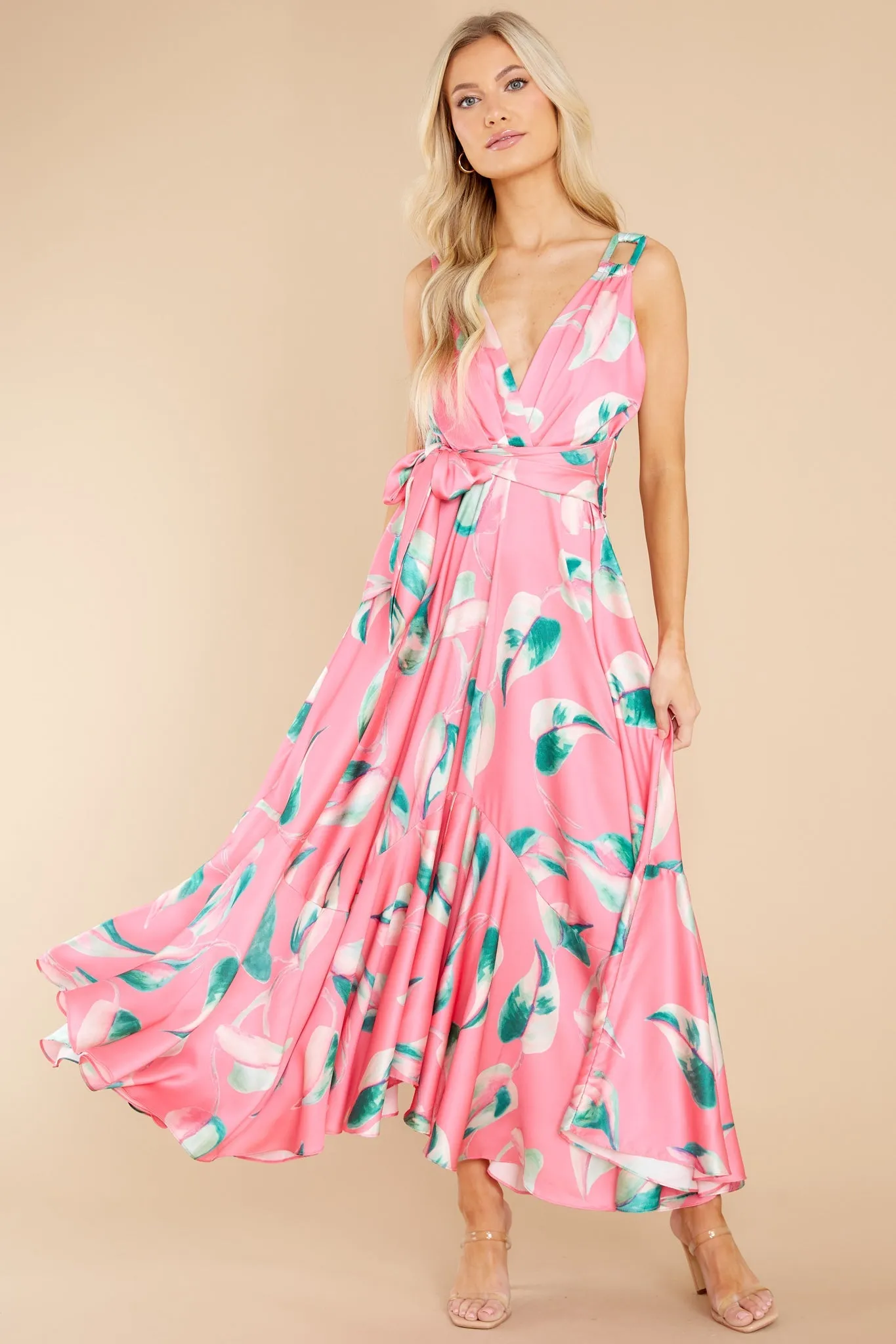 Call Me Sassy Pink Leaf Print Maxi Dress