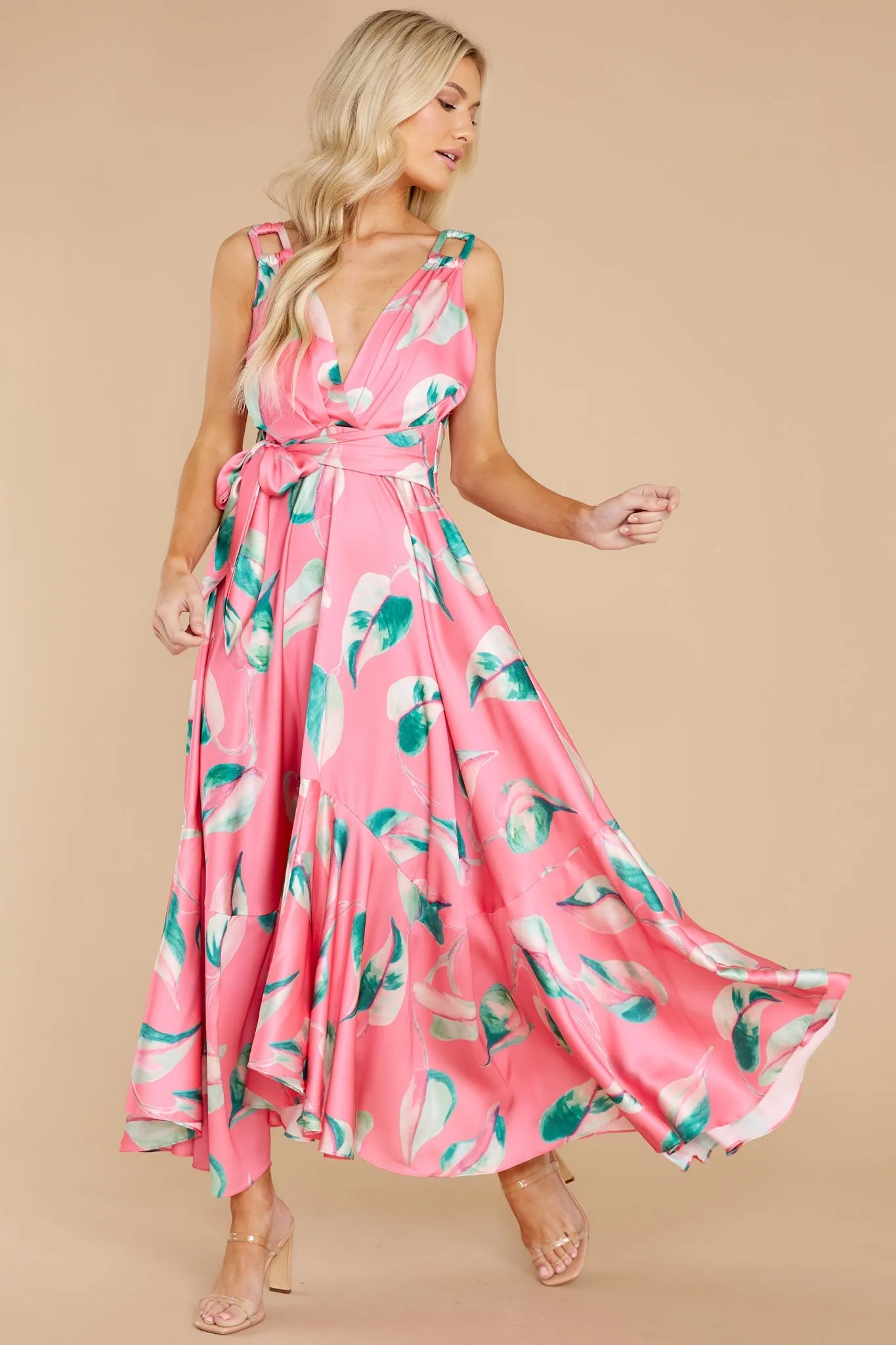 Call Me Sassy Pink Leaf Print Maxi Dress