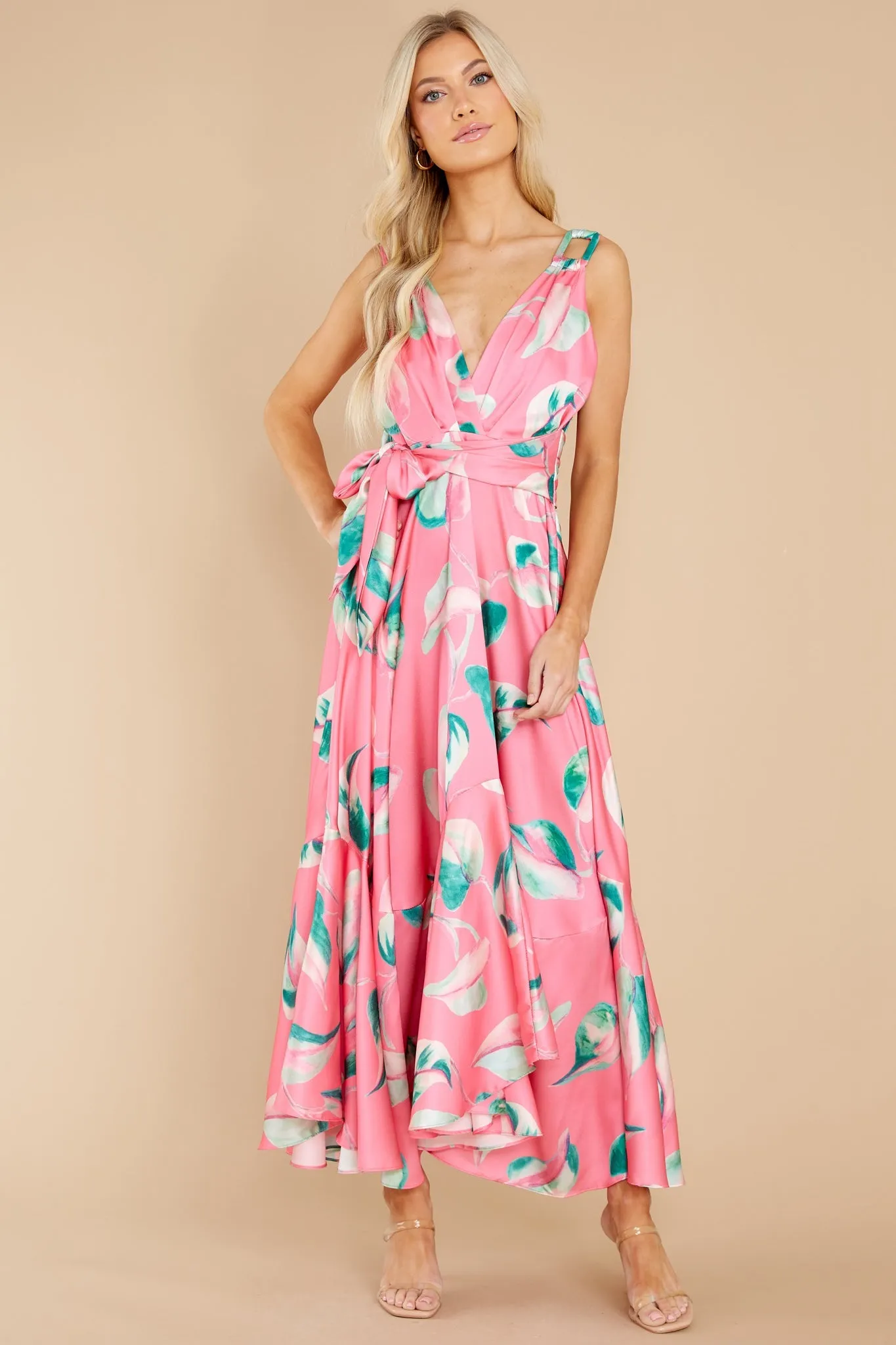 Call Me Sassy Pink Leaf Print Maxi Dress