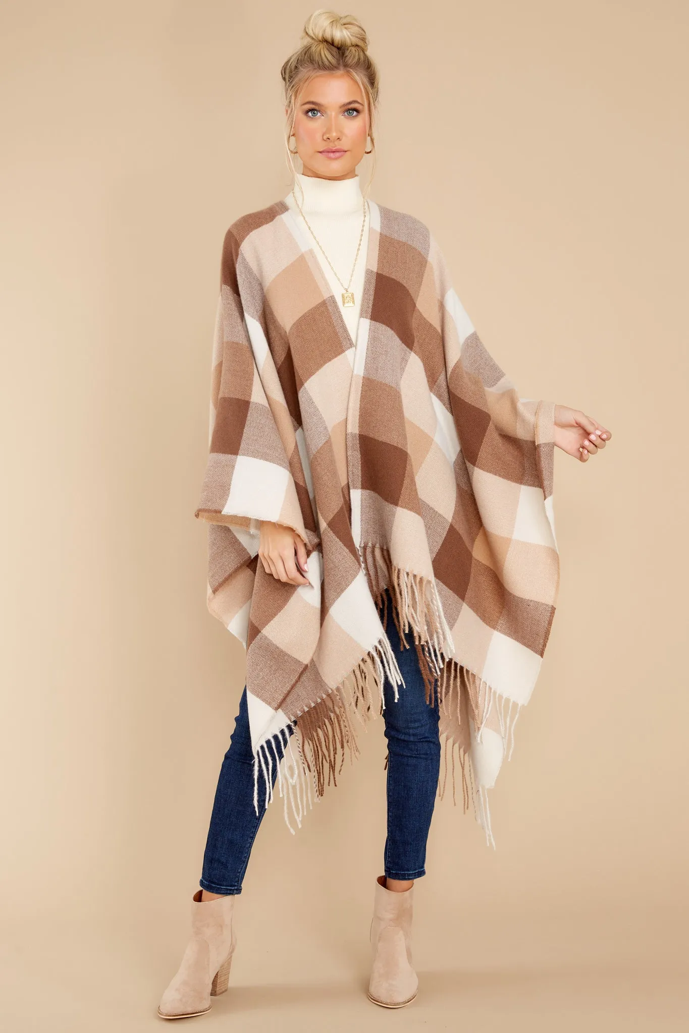 Caramel Dream Light Brown Plaid Poncho Cardigan