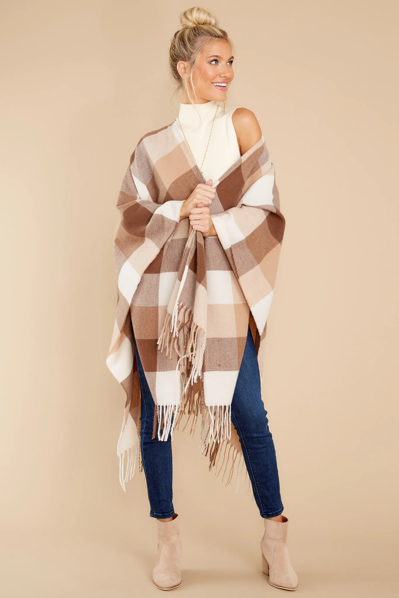 Caramel Dream Light Brown Plaid Poncho Cardigan