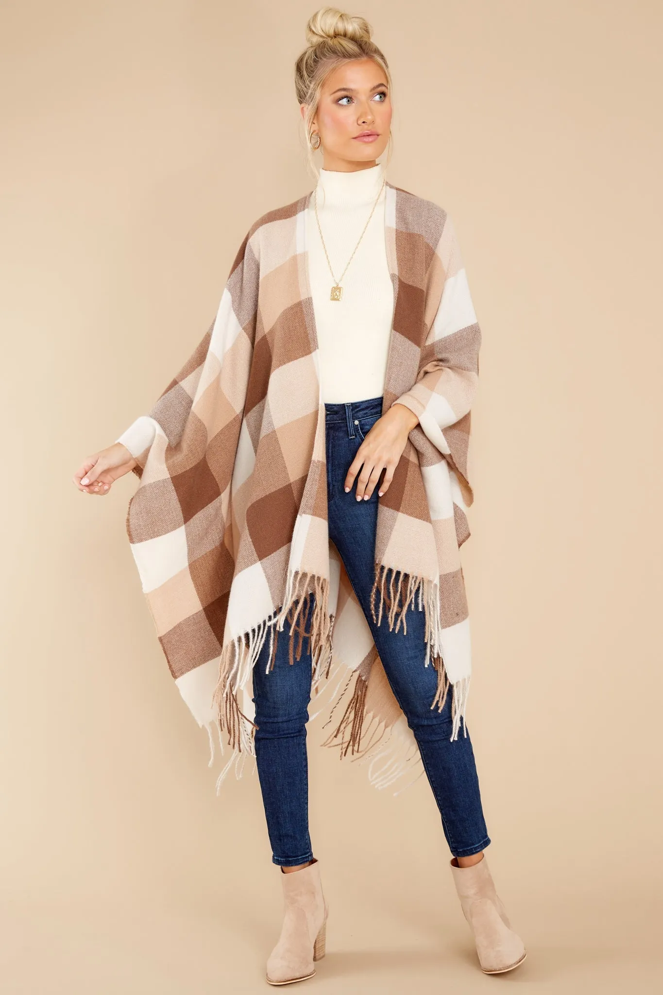 Caramel Dream Light Brown Plaid Poncho Cardigan