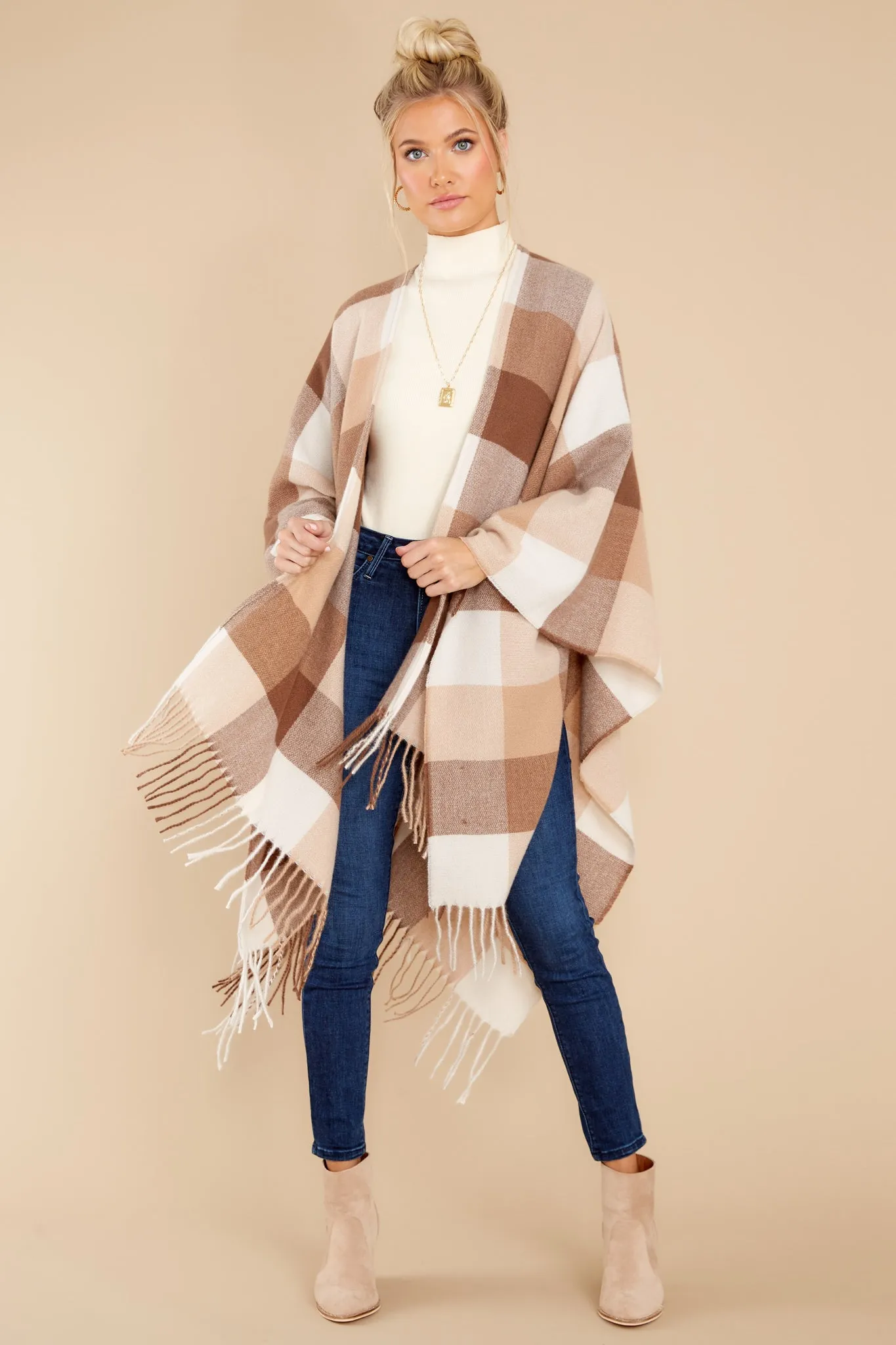 Caramel Dream Light Brown Plaid Poncho Cardigan