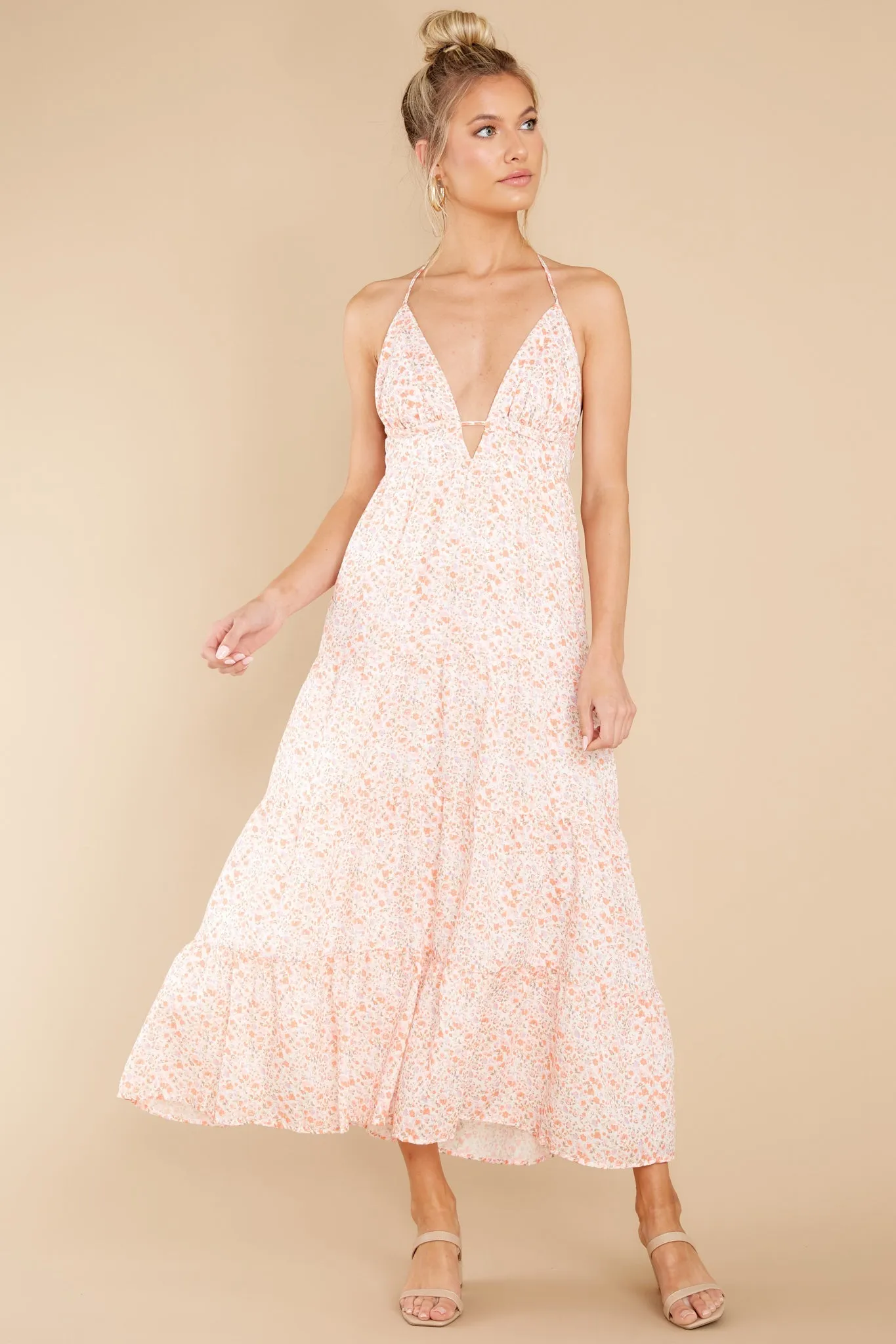 Carefree Spirit Off White Cavalaire Floral Print Halter Maxi Dress