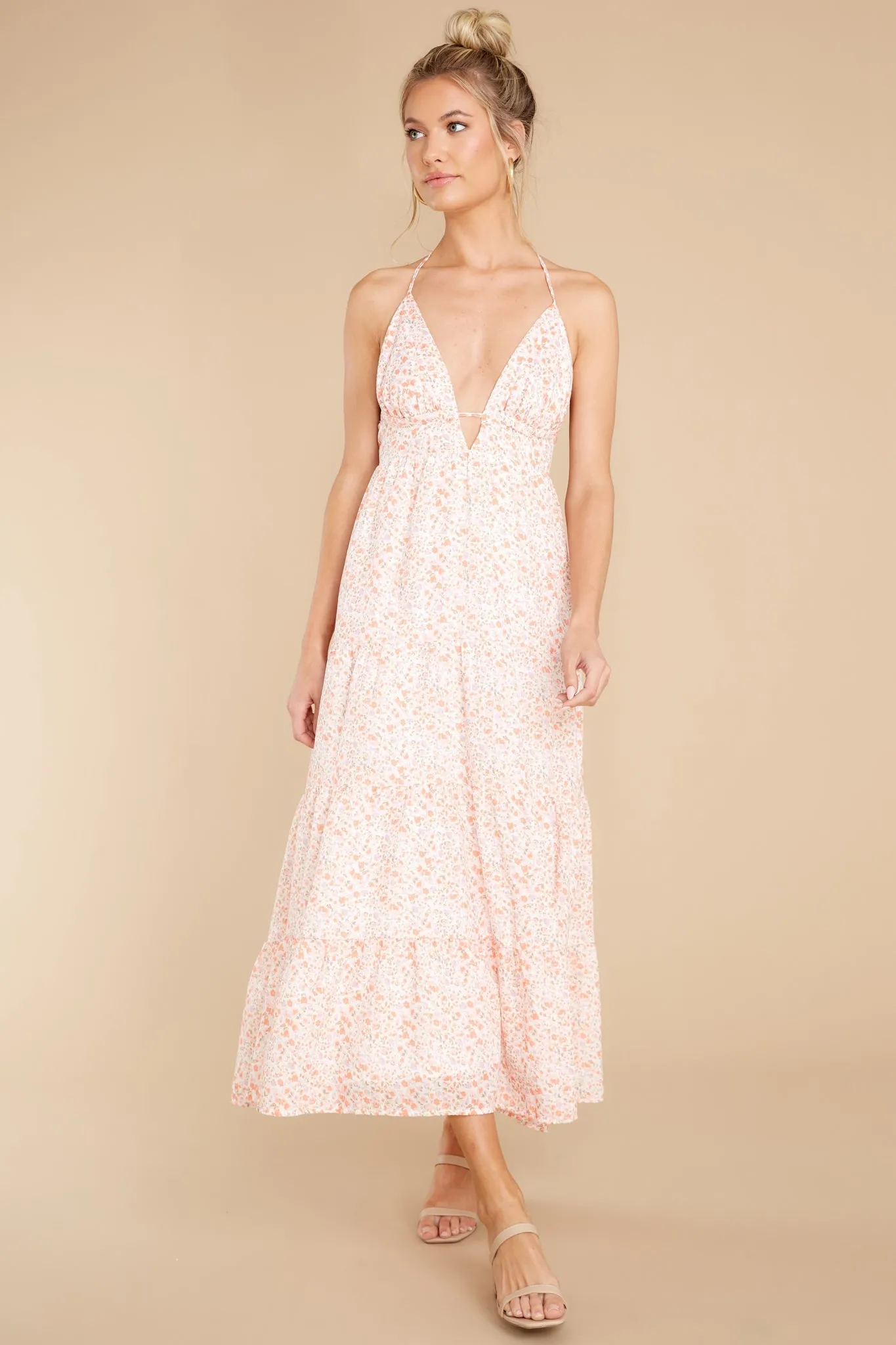 Carefree Spirit Off White Cavalaire Floral Print Halter Maxi Dress