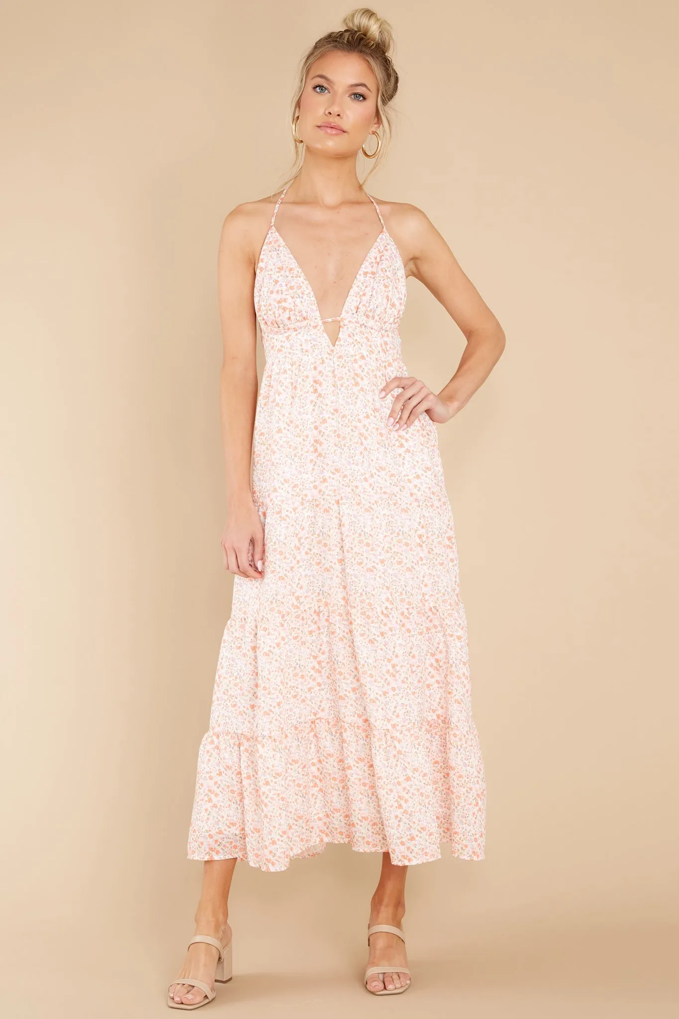 Carefree Spirit Off White Cavalaire Floral Print Halter Maxi Dress