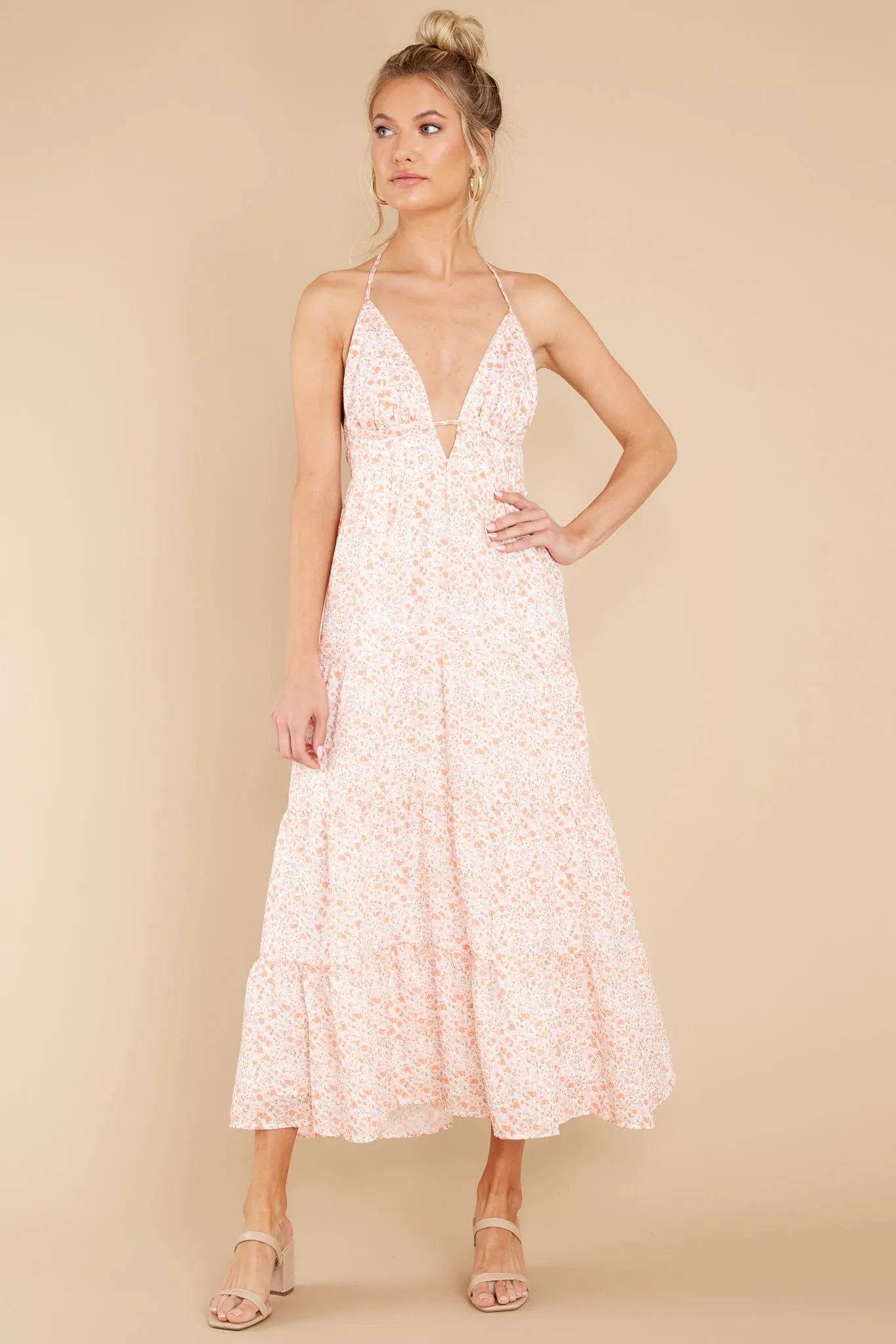 Carefree Spirit Off White Cavalaire Floral Print Halter Maxi Dress