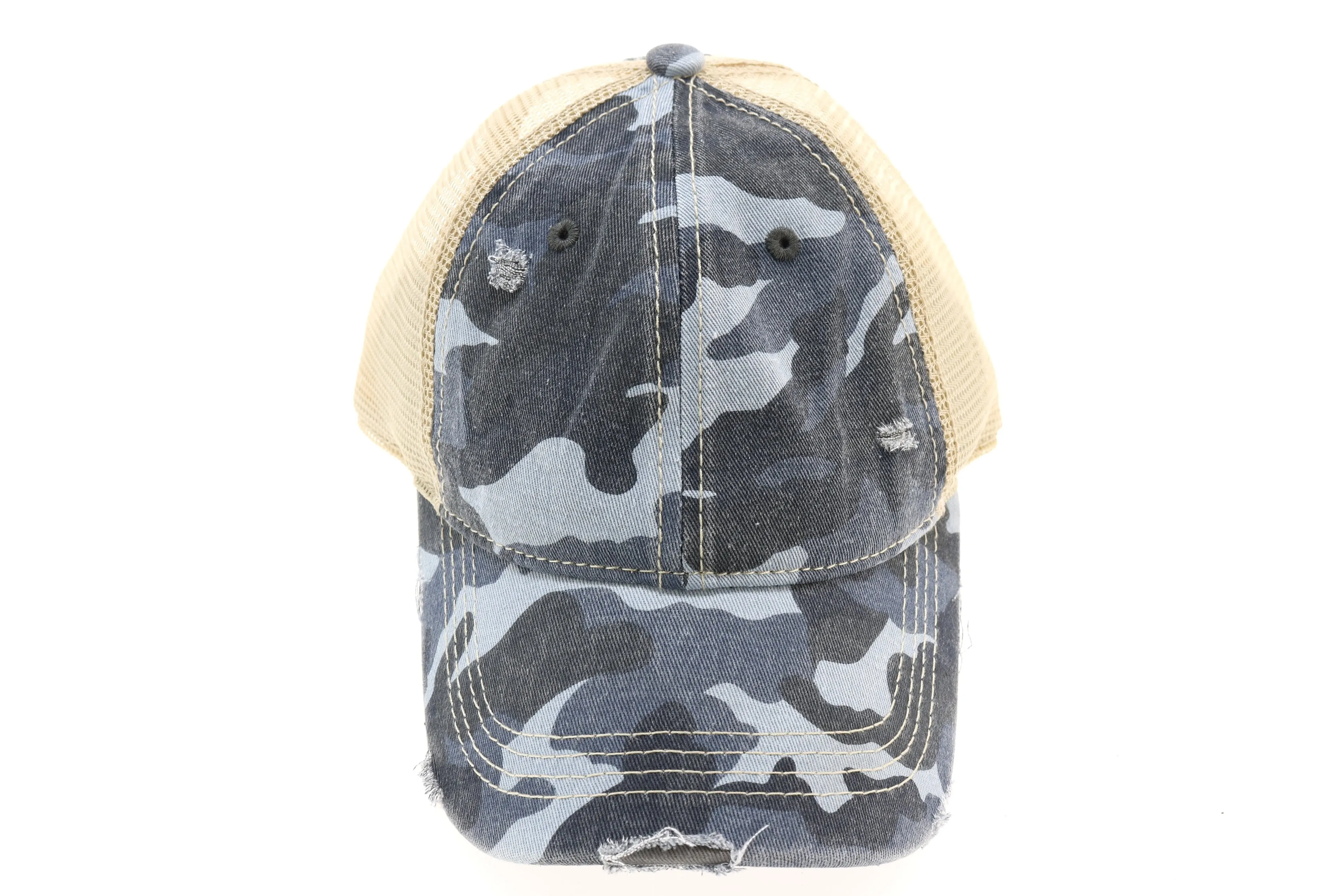 CC Beanie | Camo Mesh Back High Pony Hat ~ Blue