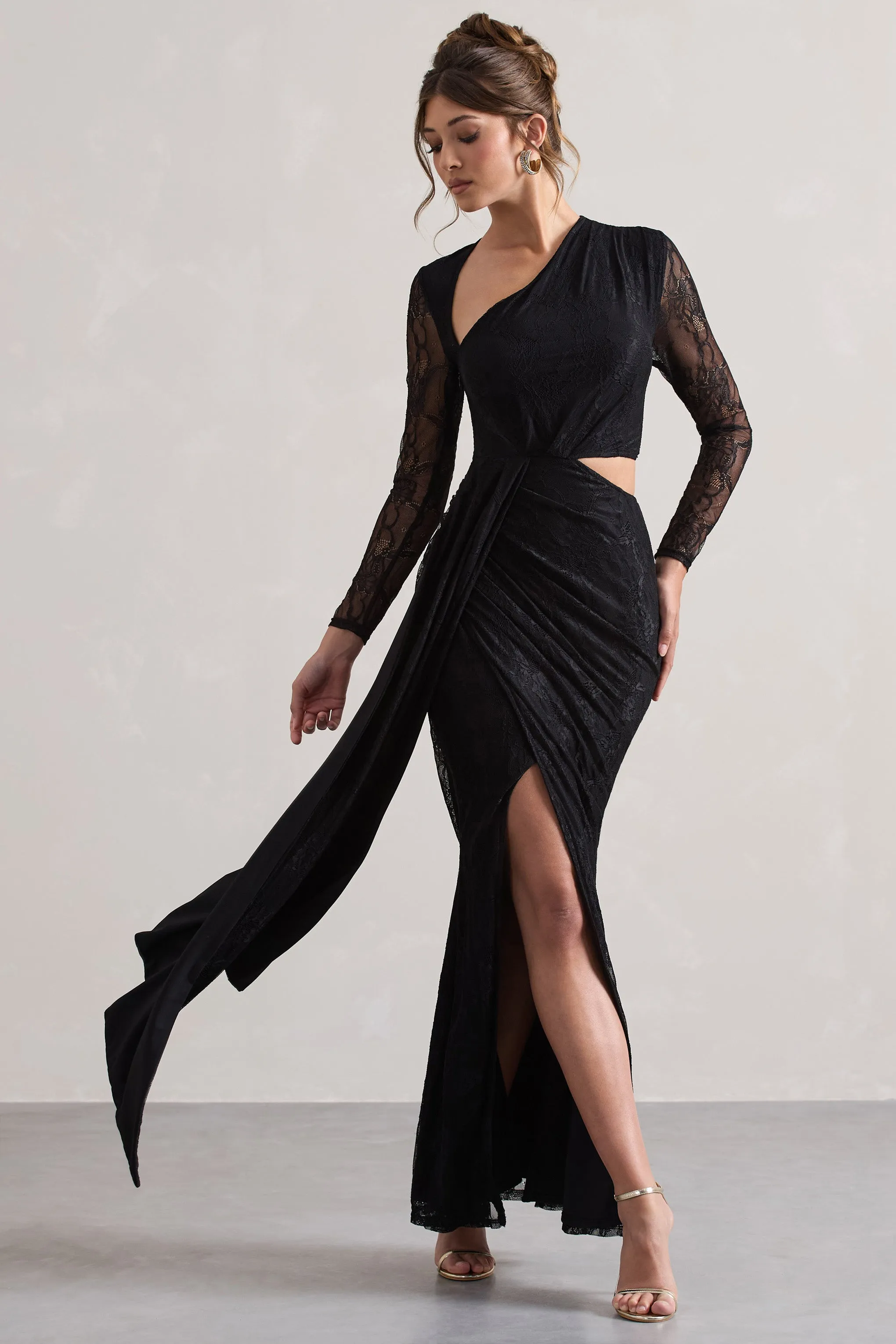 Chantilly | Black Lace Asymmetric Cut-Out Draped Maxi Dress