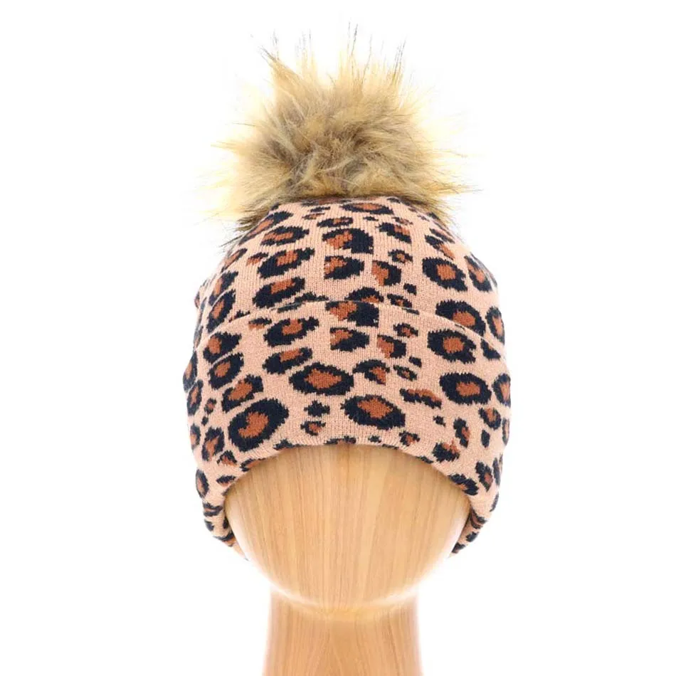 Cheetah Print Double Layered Pom Pom Beanie Hat