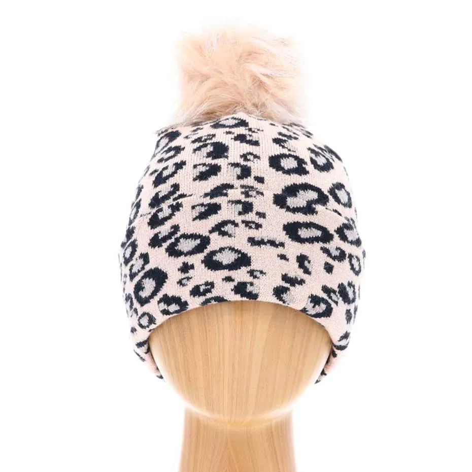 Cheetah Print Double Layered Pom Pom Beanie Hat