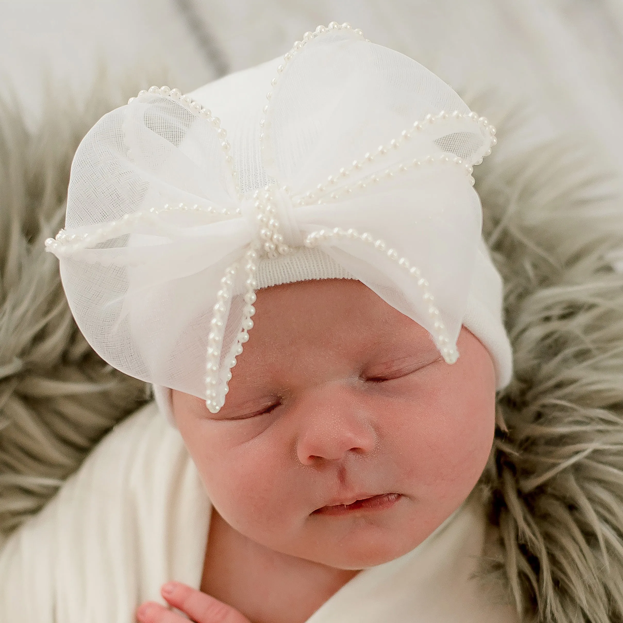 Chiffon Pearl Handcrafted Bow in Pink or White- Elegant Newborn Girl Hospital Hat