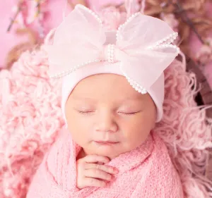 Chiffon Pearl Handcrafted Bow in Pink or White- Elegant Newborn Girl Hospital Hat