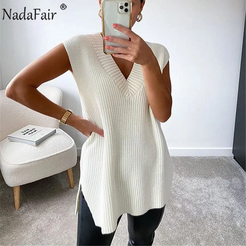 Christmas Gift Joskaa V Neck Sleeveless Sweater Vest Casual Loose Oversized Jumper Houndstoot Women's Sweater Pullover Fall Knitted Vest