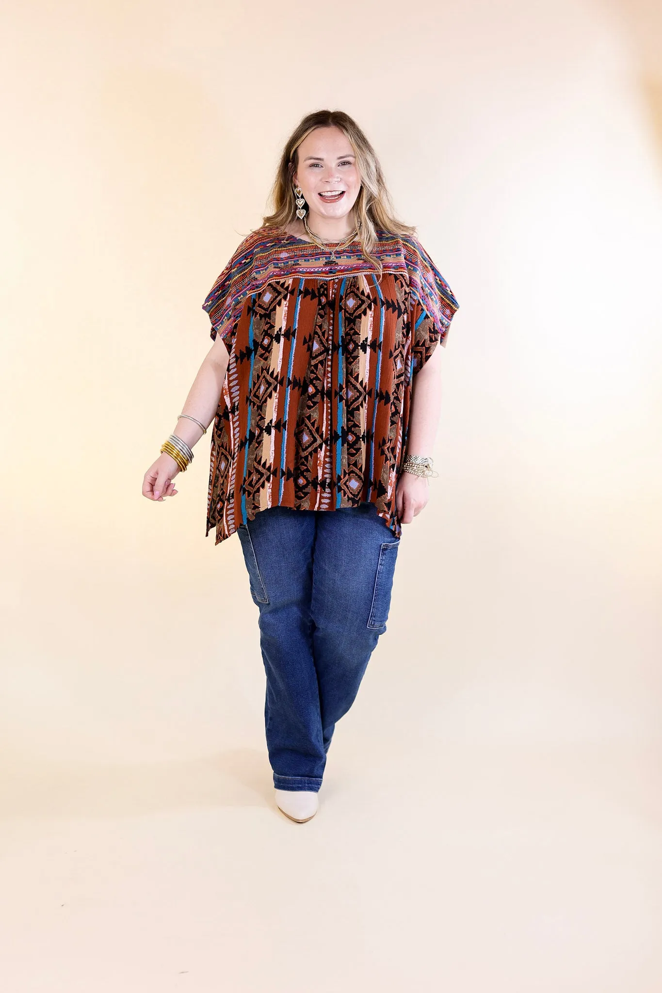 Colors Of The West Aztec Print Embroidered Cap Sleeve Poncho Top in Brown