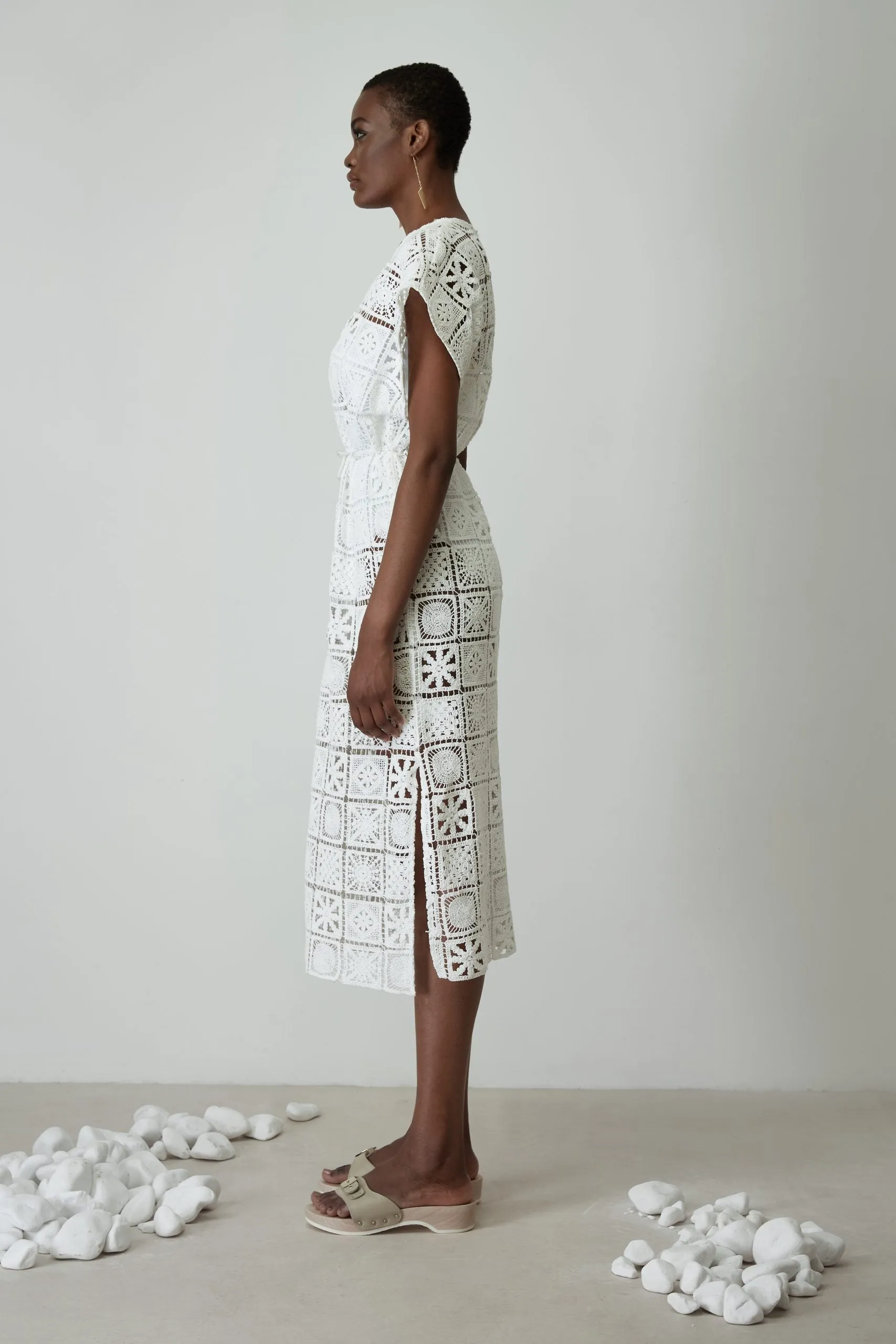 CROCHET KNIT MIDI DRESS "FTELIA" WHITE