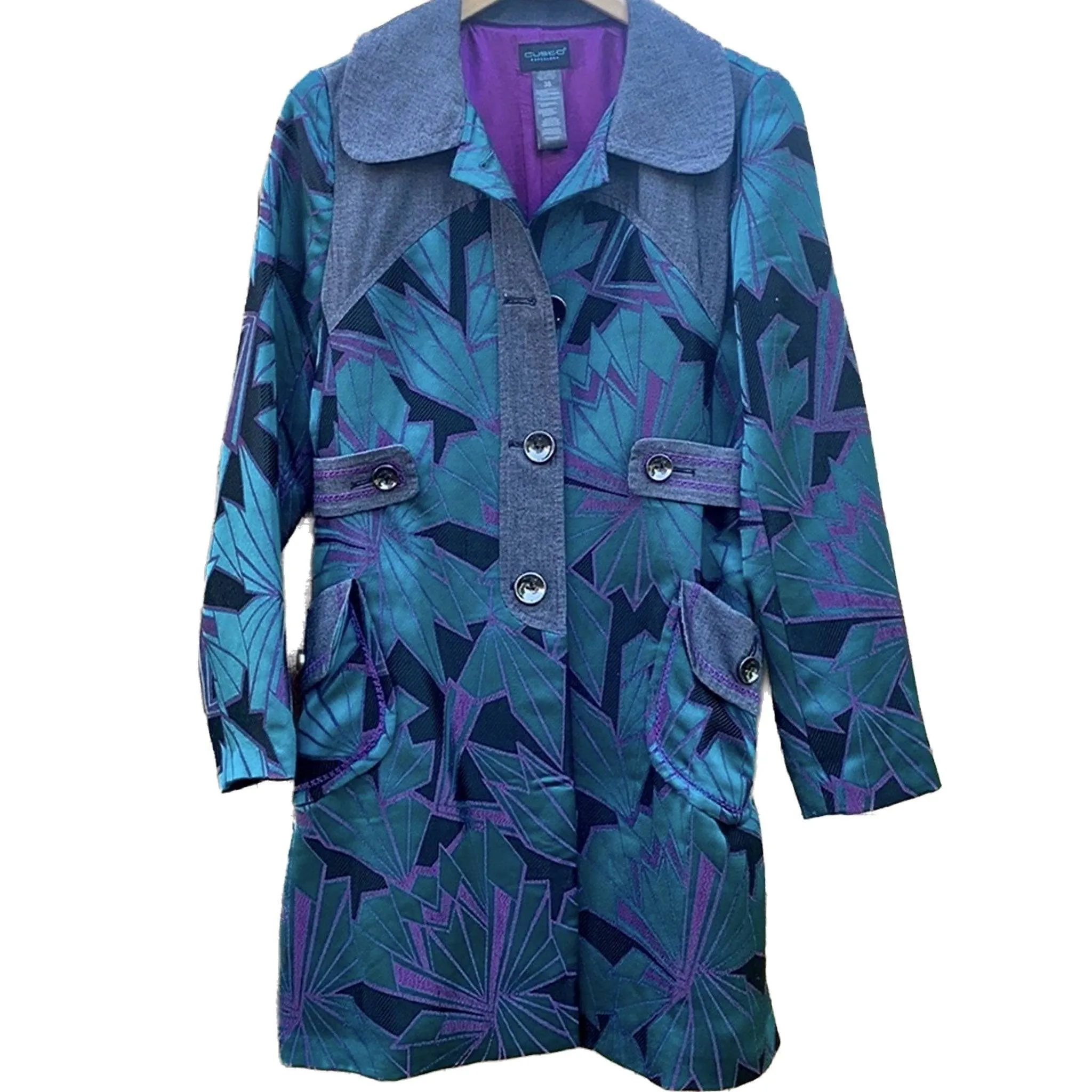 CUSTO BARCELONA Rare Vintage Belted Retro Teal Purple Black Trench Coat Jacket