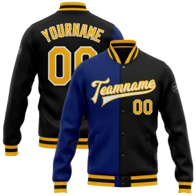 Custom Black Gold-Royal Bomber Full-Snap Varsity Letterman Split Fashion Jacket