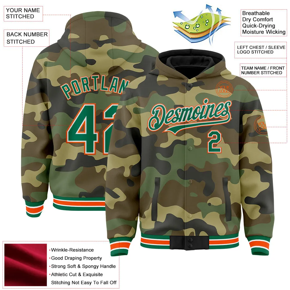 Custom Camo Kelly Green-Orange Bomber Full-Snap Varsity Letterman Salute To Service Hoodie Jacket