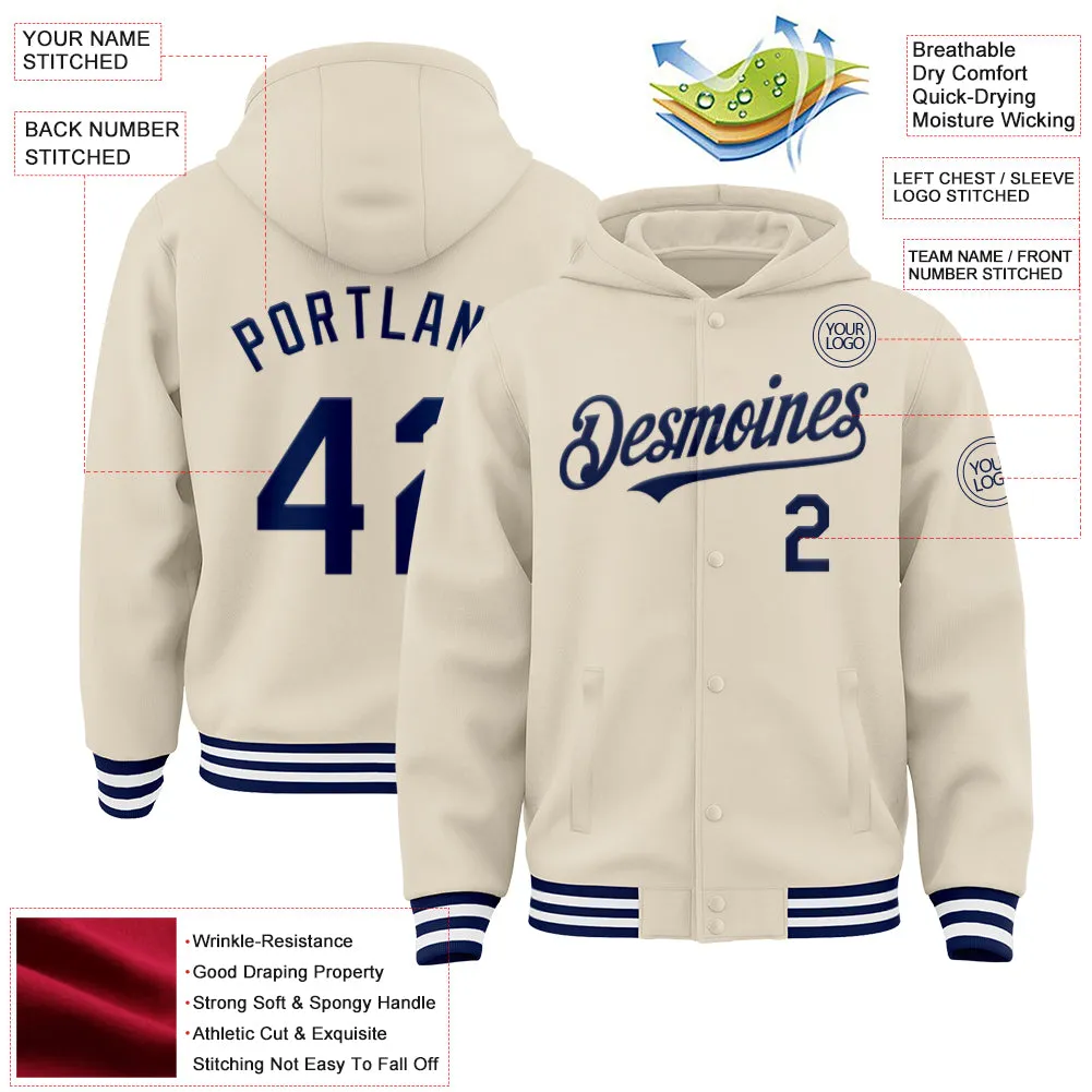 Custom Cream Navy-White Bomber Full-Snap Varsity Letterman Hoodie Jacket