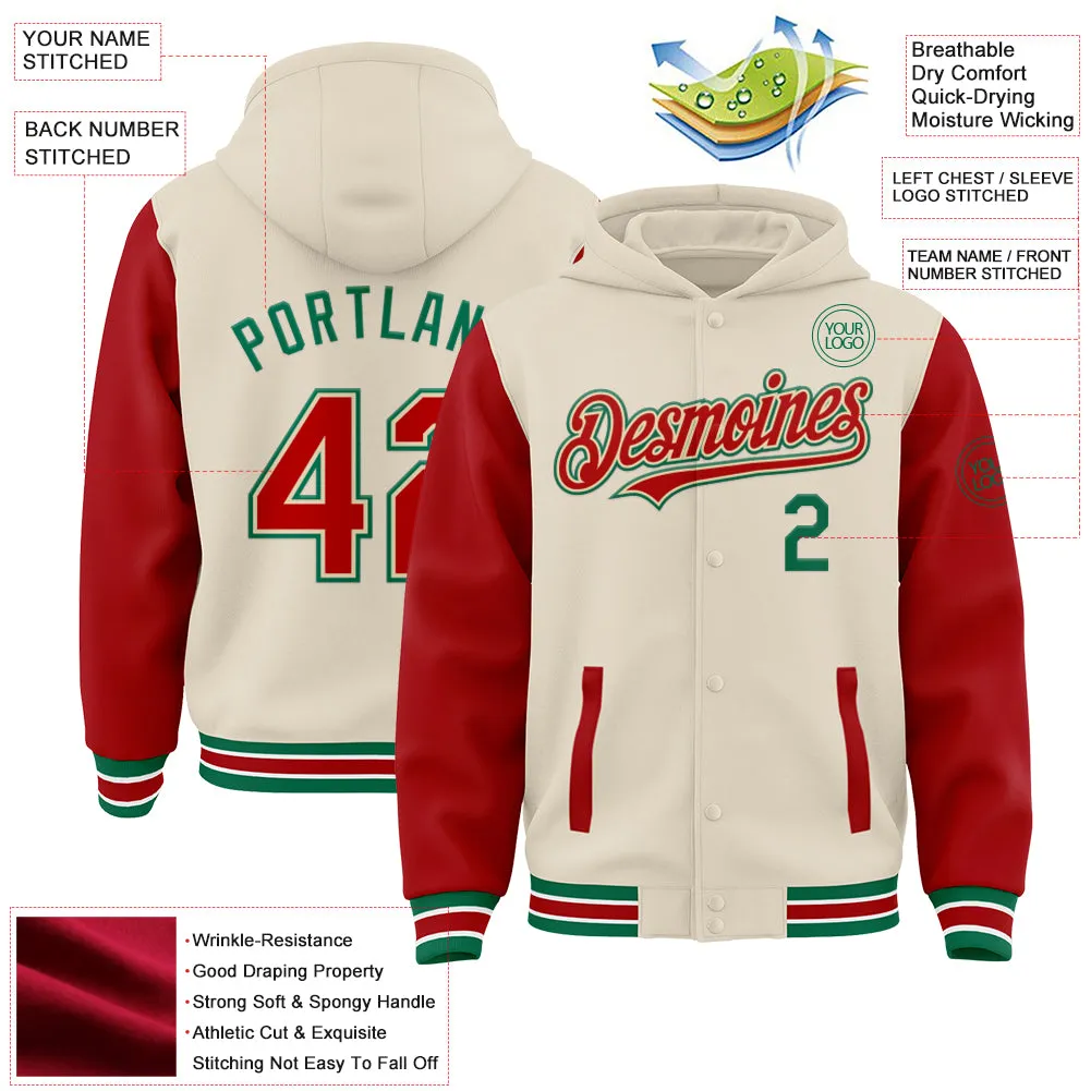 Custom Cream Red Kelly Green-White Bomber Full-Snap Varsity Letterman Two Tone Hoodie Jacket