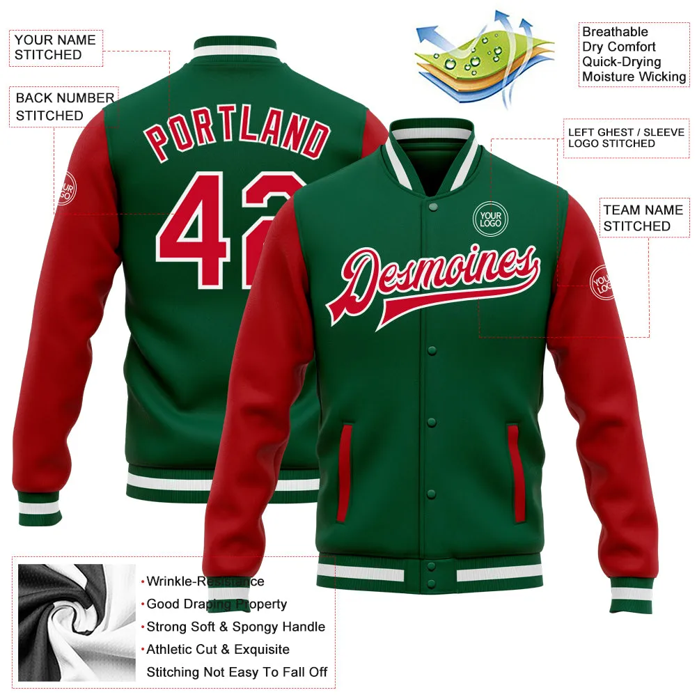 Custom Kelly Green Red-White Bomber Full-Snap Varsity Letterman Two Tone Jacket