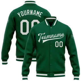 Custom Kelly Green White Bomber Full-Snap Varsity Letterman Jacket